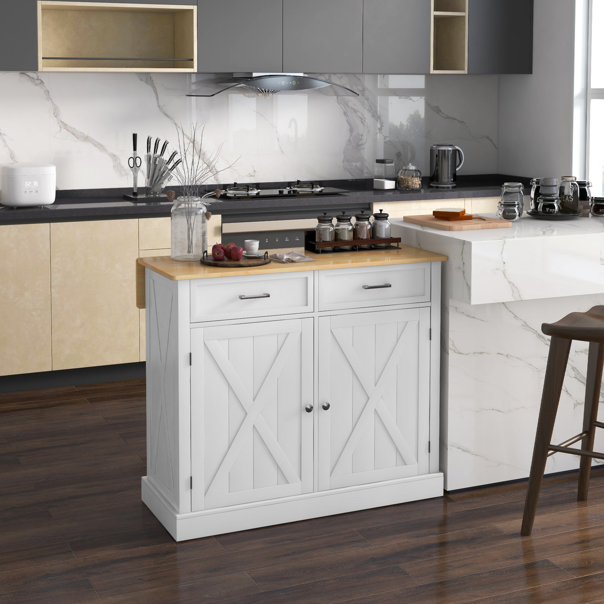 White kitchen island with Xdesign cabinet doors and wooden top