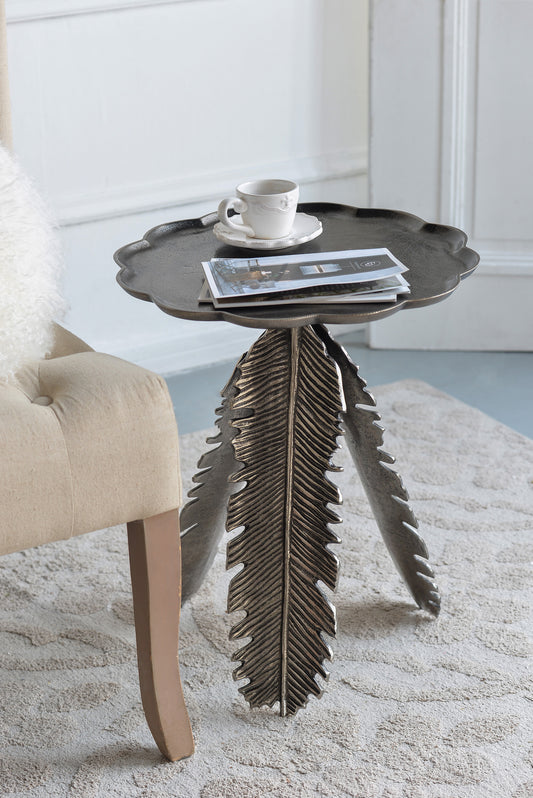 Antique brass leaf accent table with scalloped top perfect for living room decor
