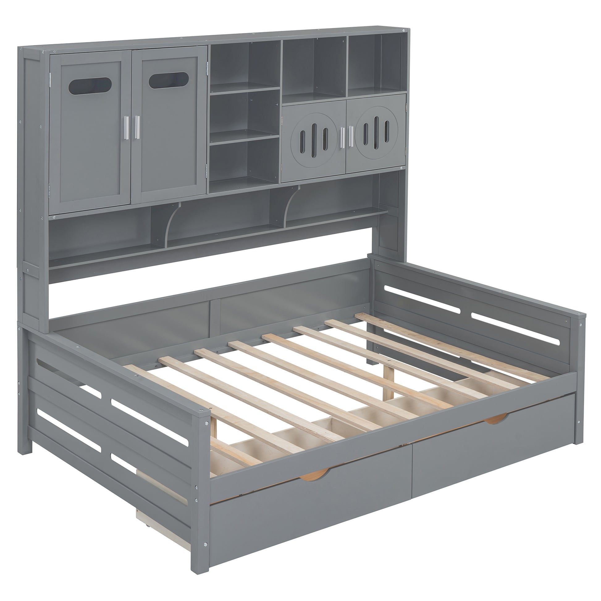 Gray twin bed frame with builtin headboard storage and drawers