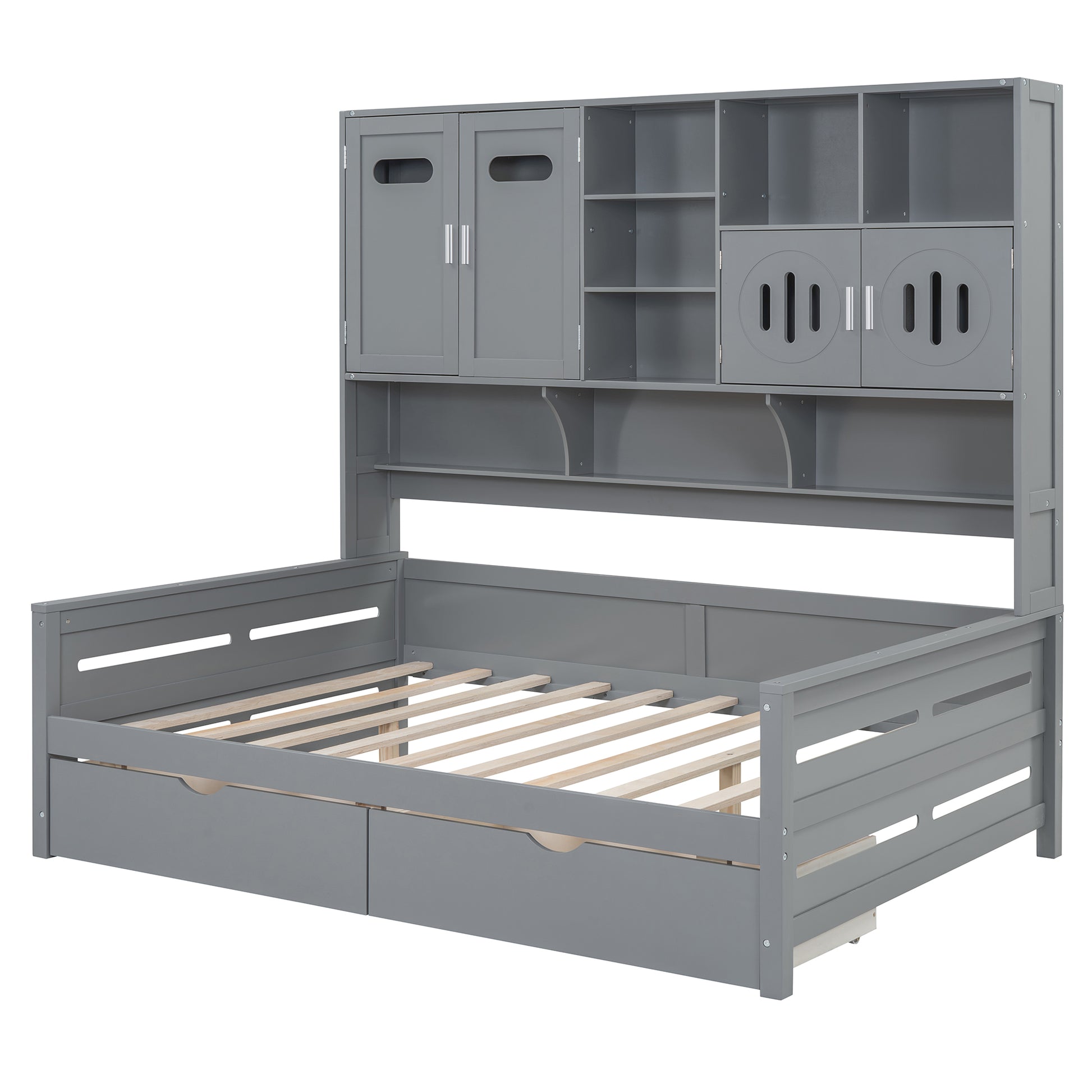 Gray wooden bed frame with headboard storage