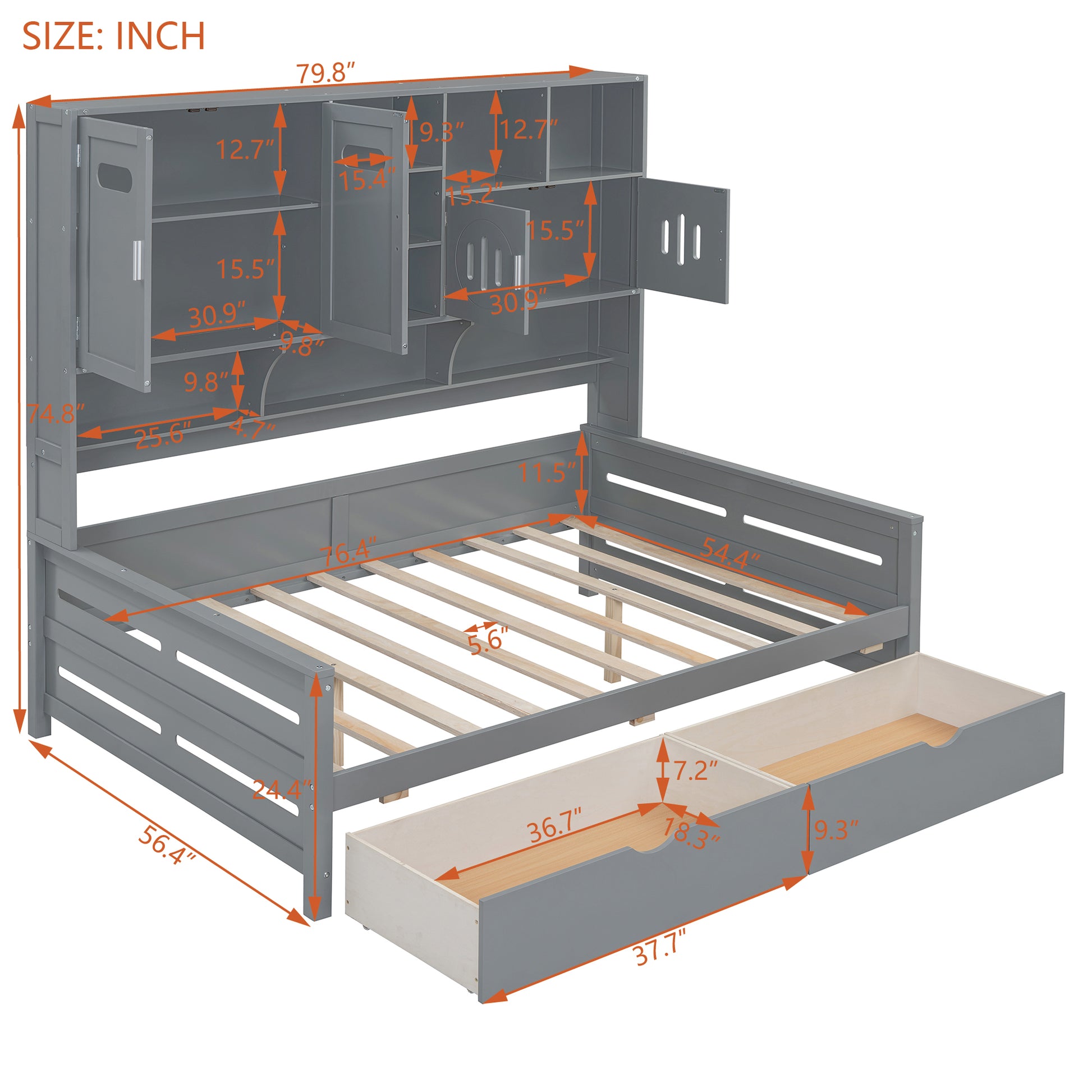 Gray twin bed with storage headboard and drawers