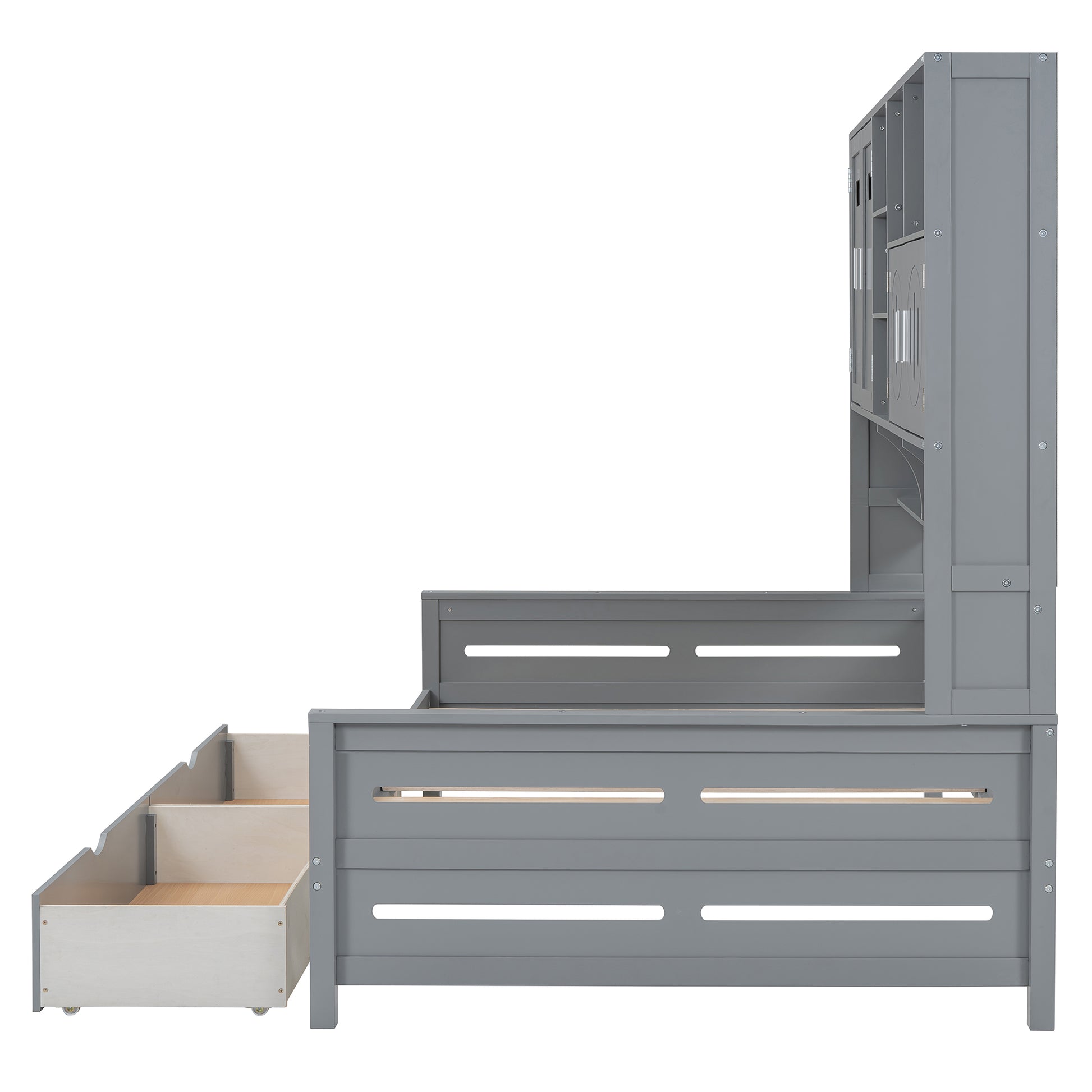 Gray wooden loft bed with integrated bookcase and three drawers in staircase