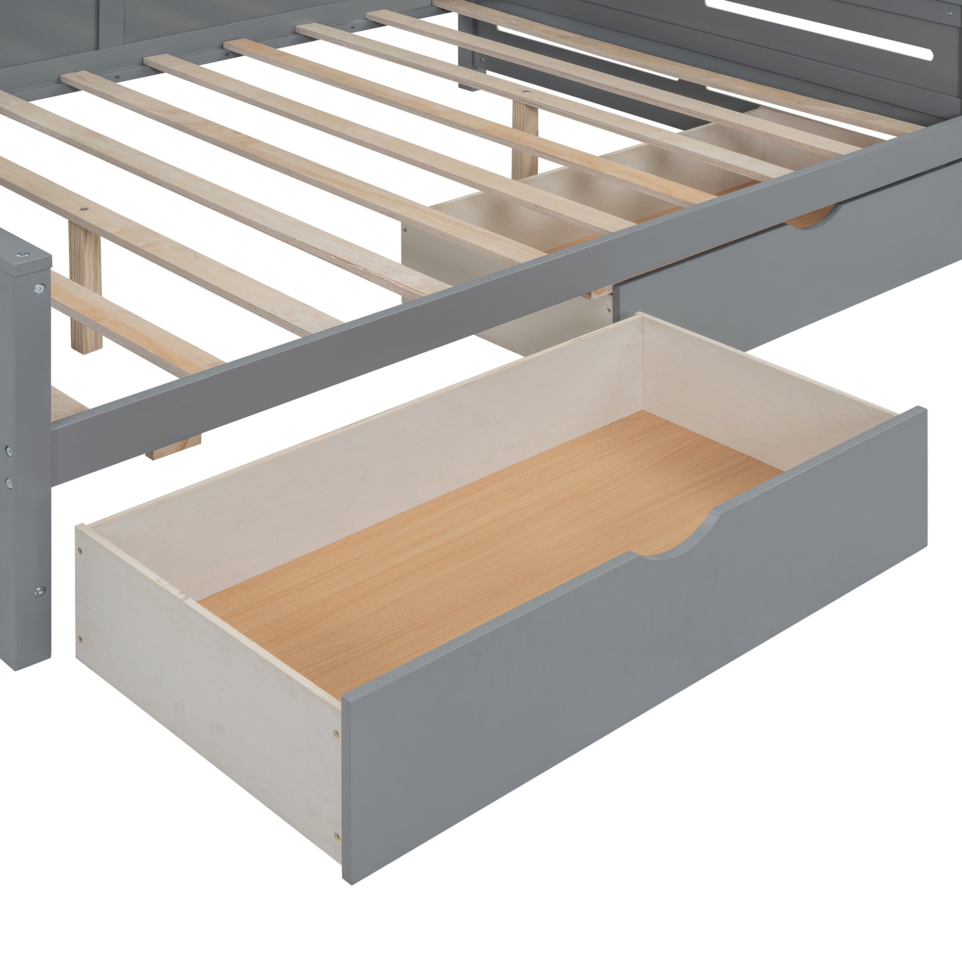 Gray wooden bed frame with open storage drawer