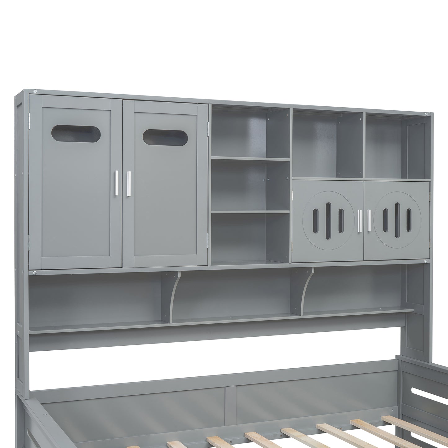 Gray wooden bed with multiple storage cabinets and shelves