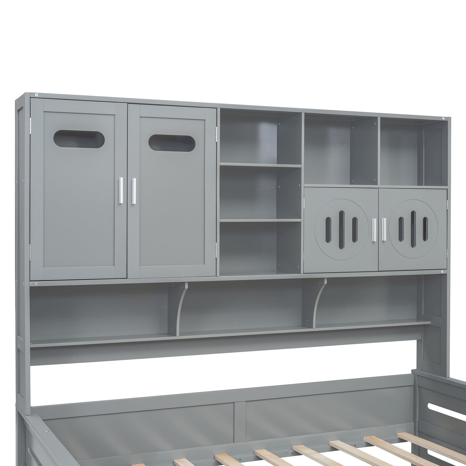 Gray wooden bed with multiple storage cabinets and shelves
