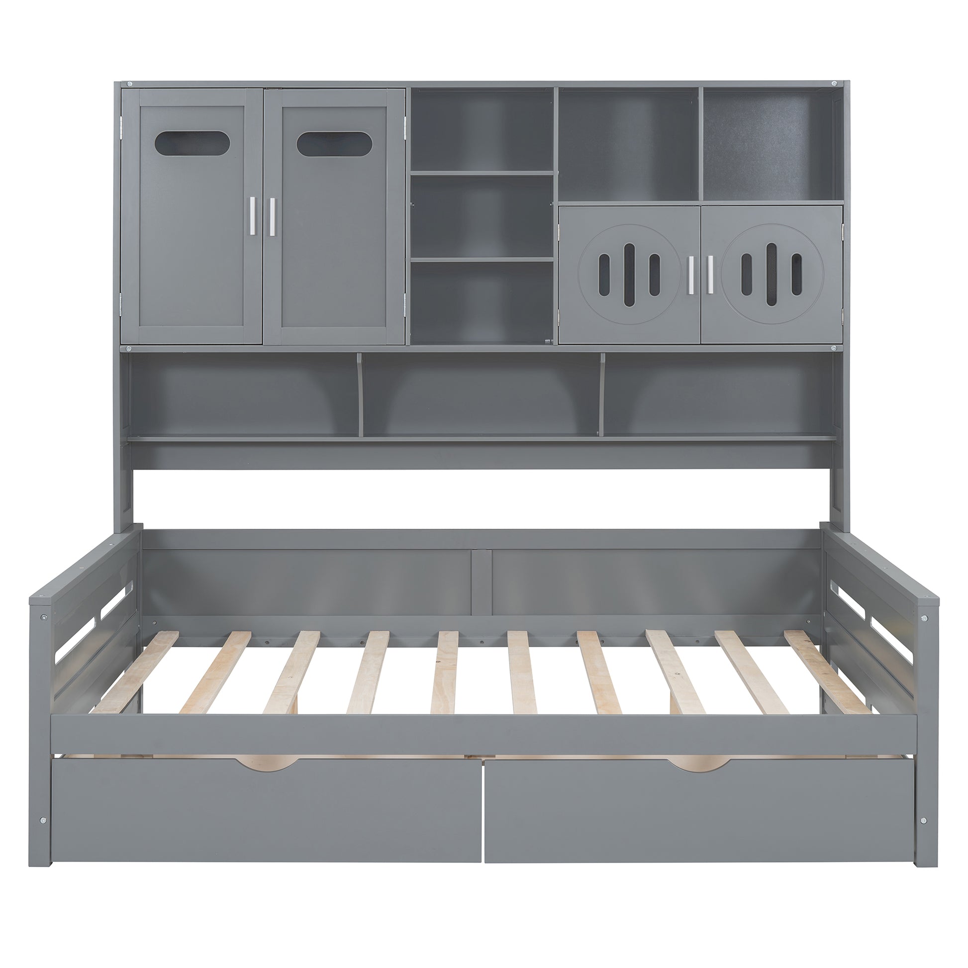 Gray wooden daybed with integrated hutch and storage drawers