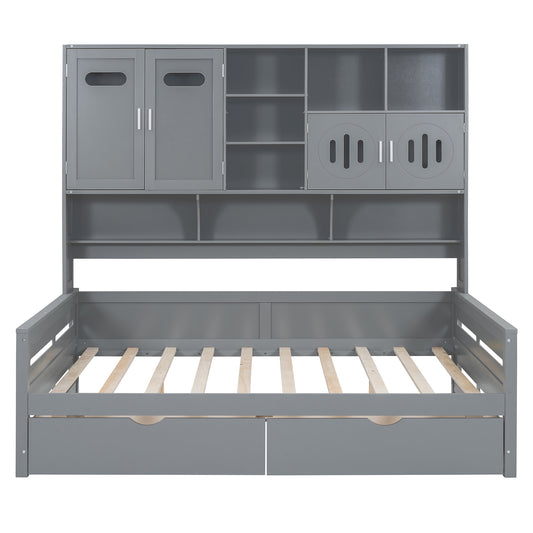 Gray wooden daybed with integrated hutch and storage drawers