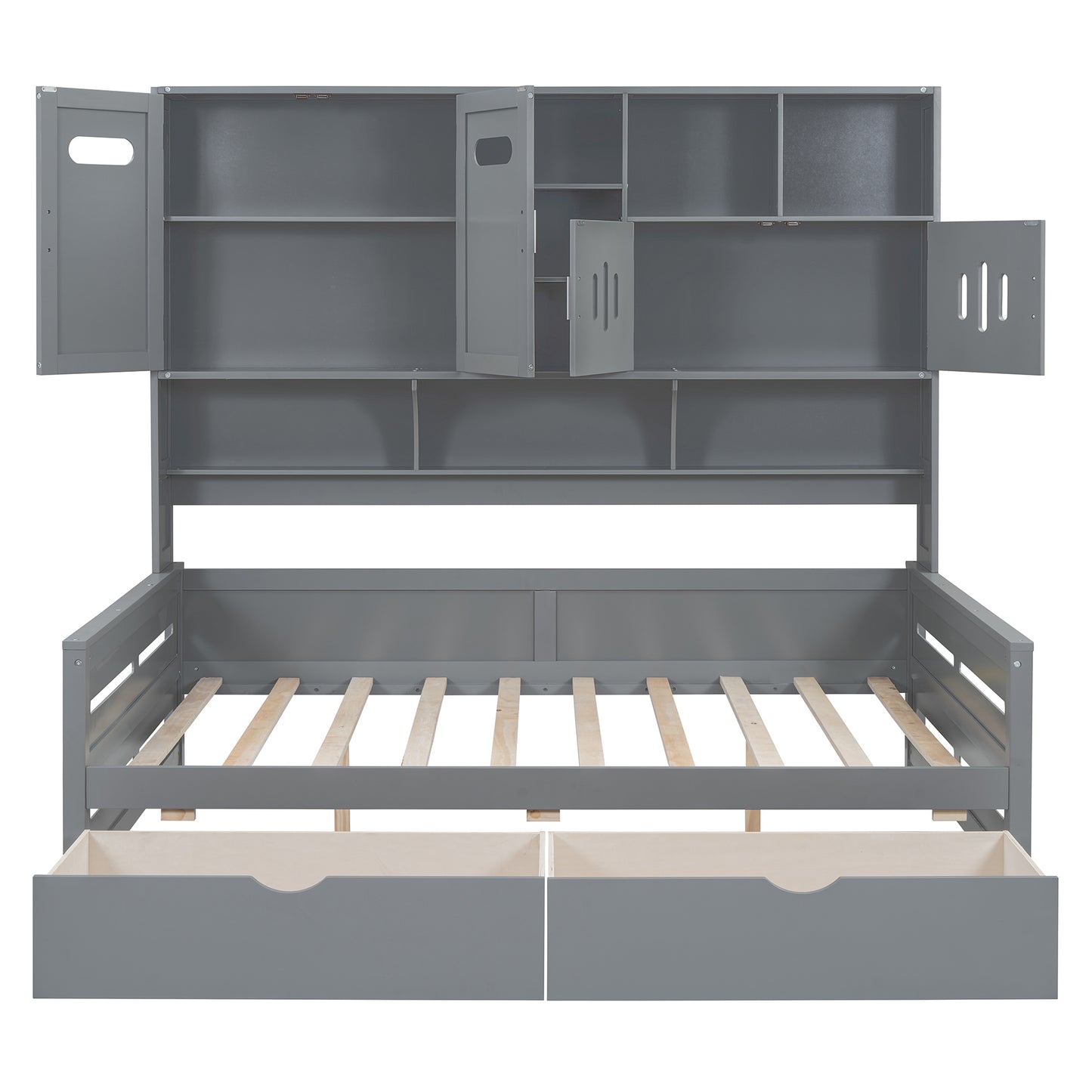 Gray wooden daybed with builtin headboard shelves and two underbed storage drawers