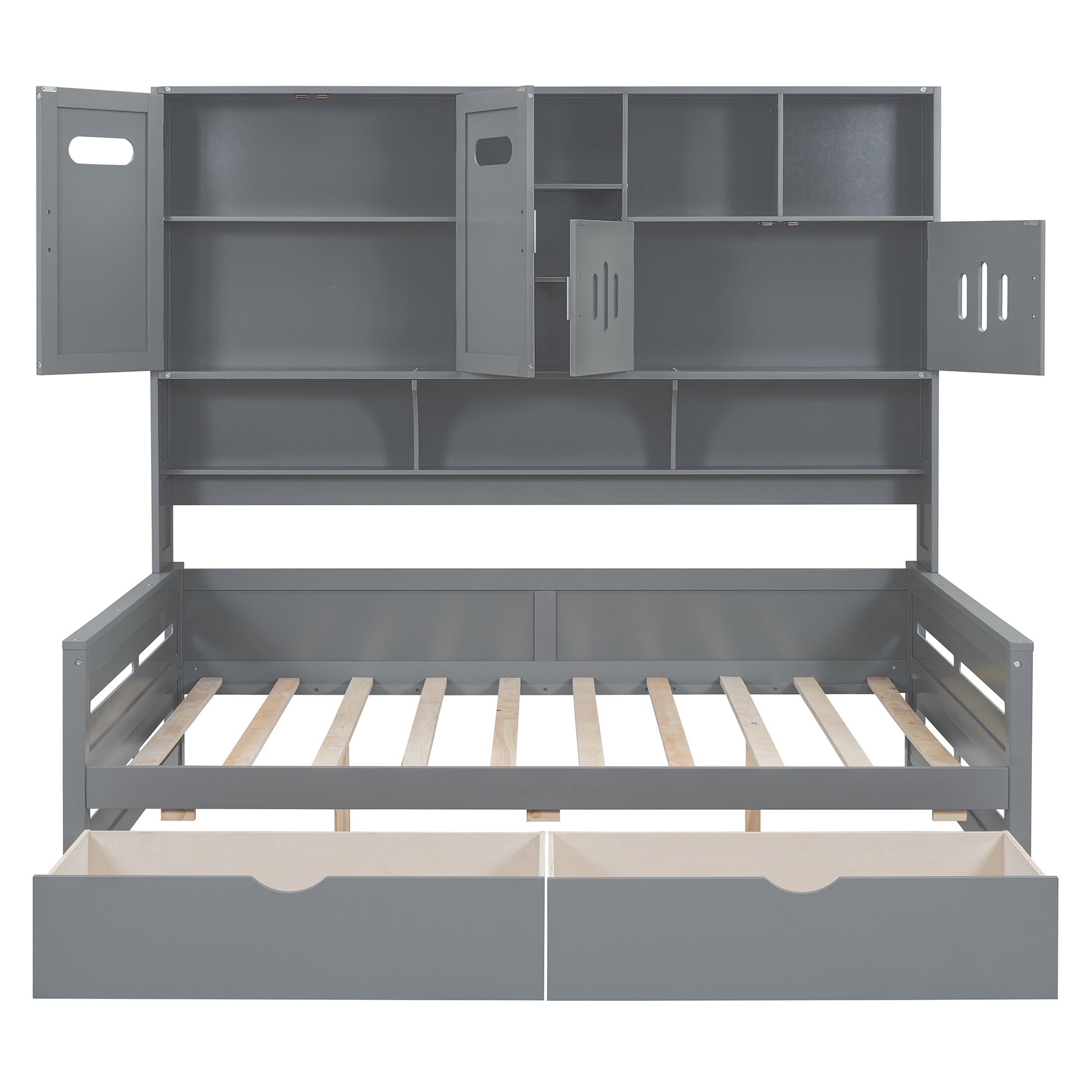 Gray wooden daybed with builtin headboard shelves and two underbed storage drawers