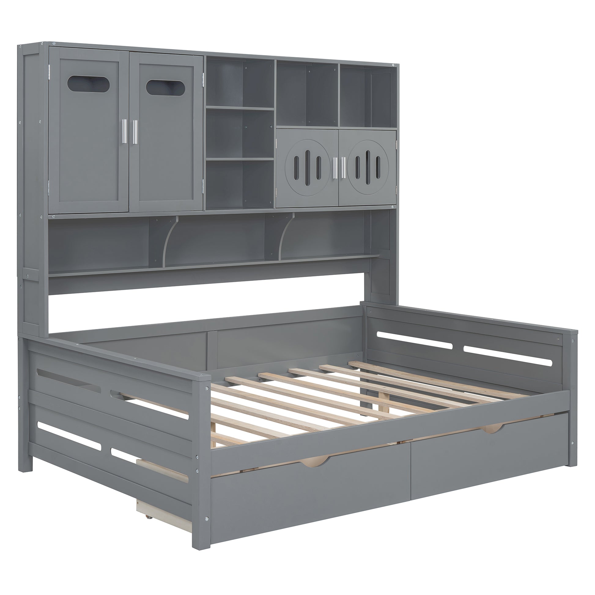 Gray wooden twin bed frame with storage headboard