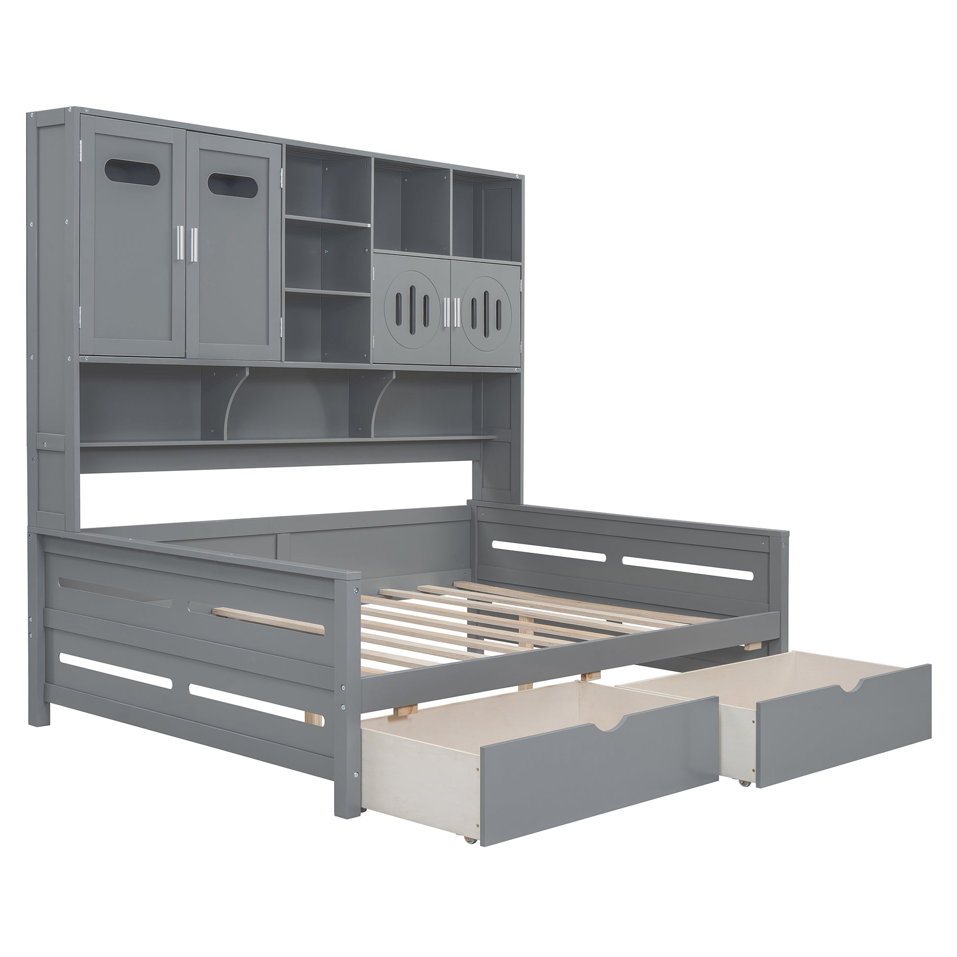 Gray wooden daybed with hutch and two storage drawers