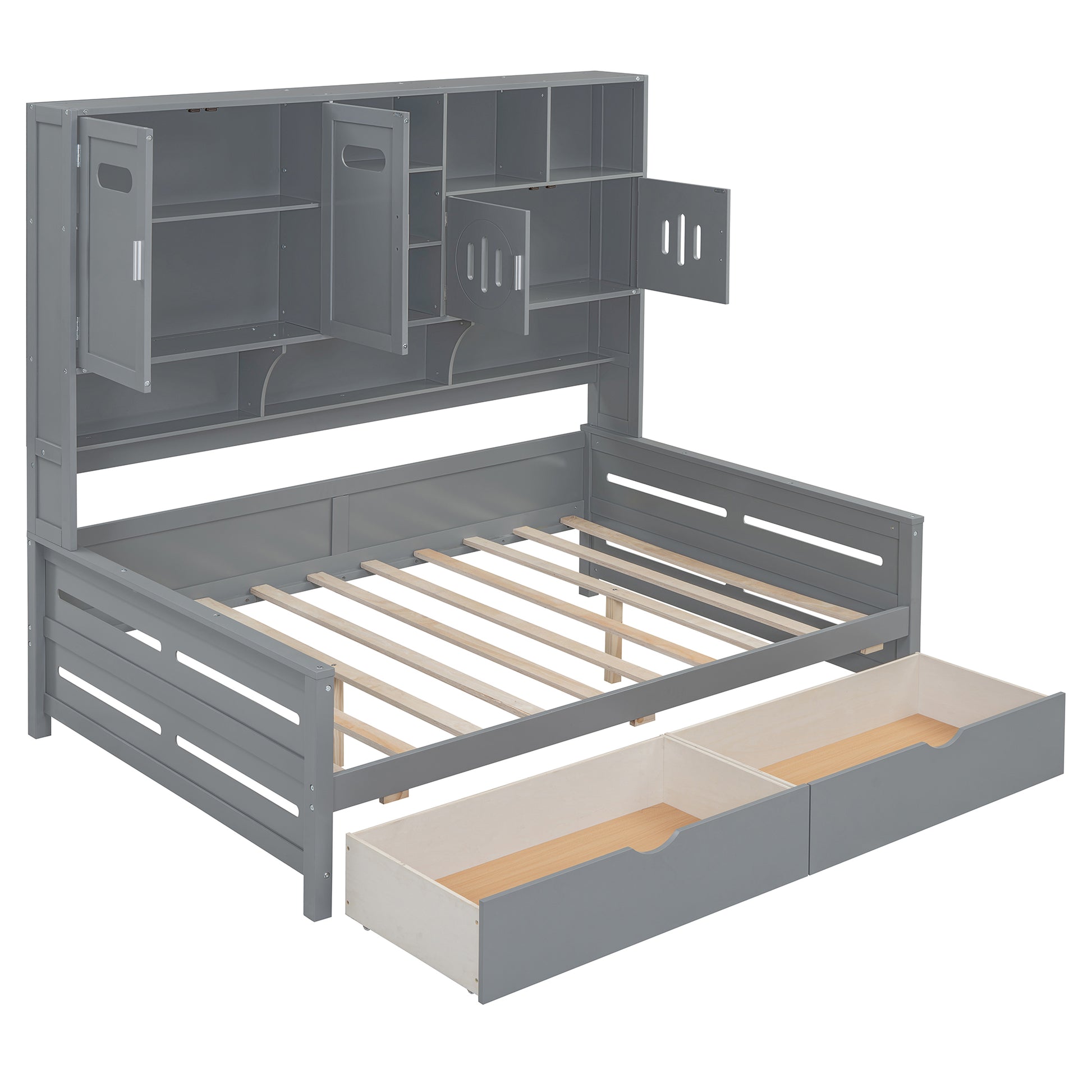 Gray wooden daybed with overhead storage shelves and open drawers
