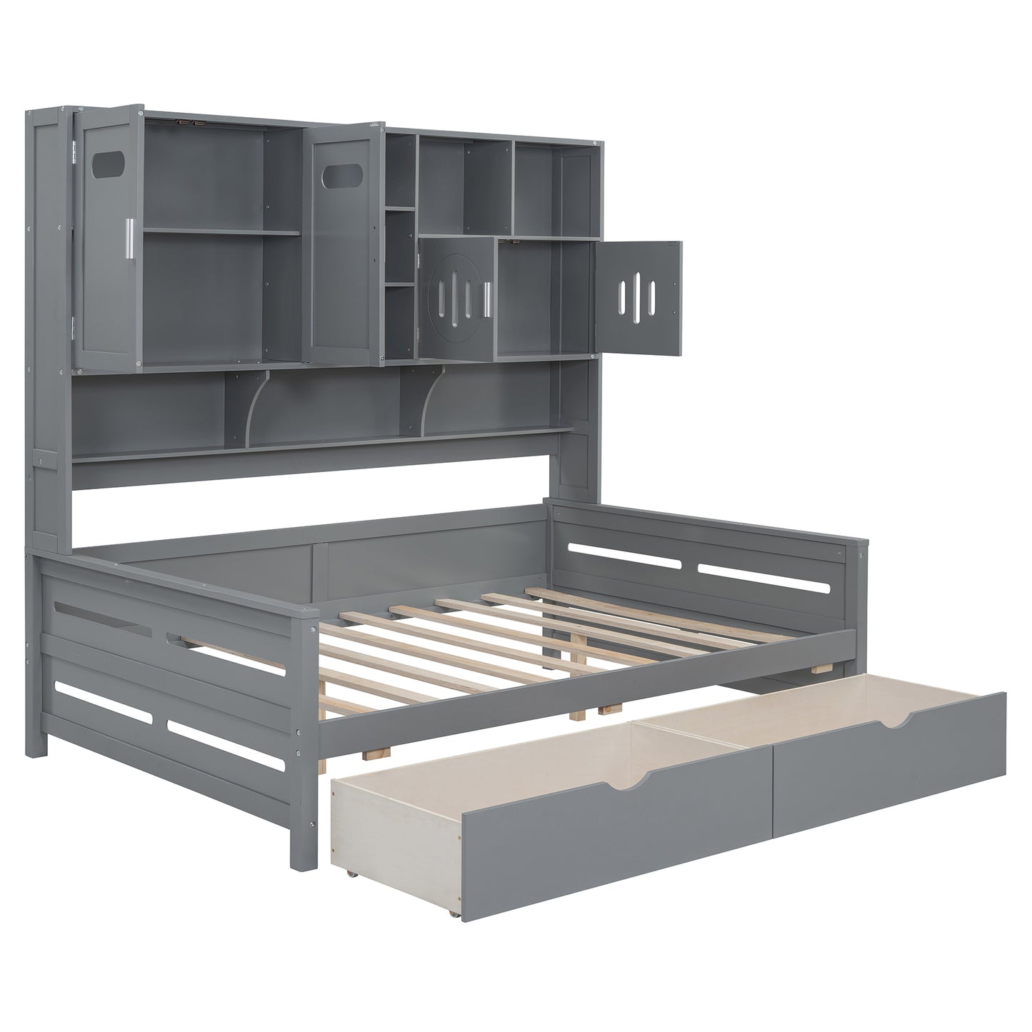 Gray wood loft bed with shelves and drawers