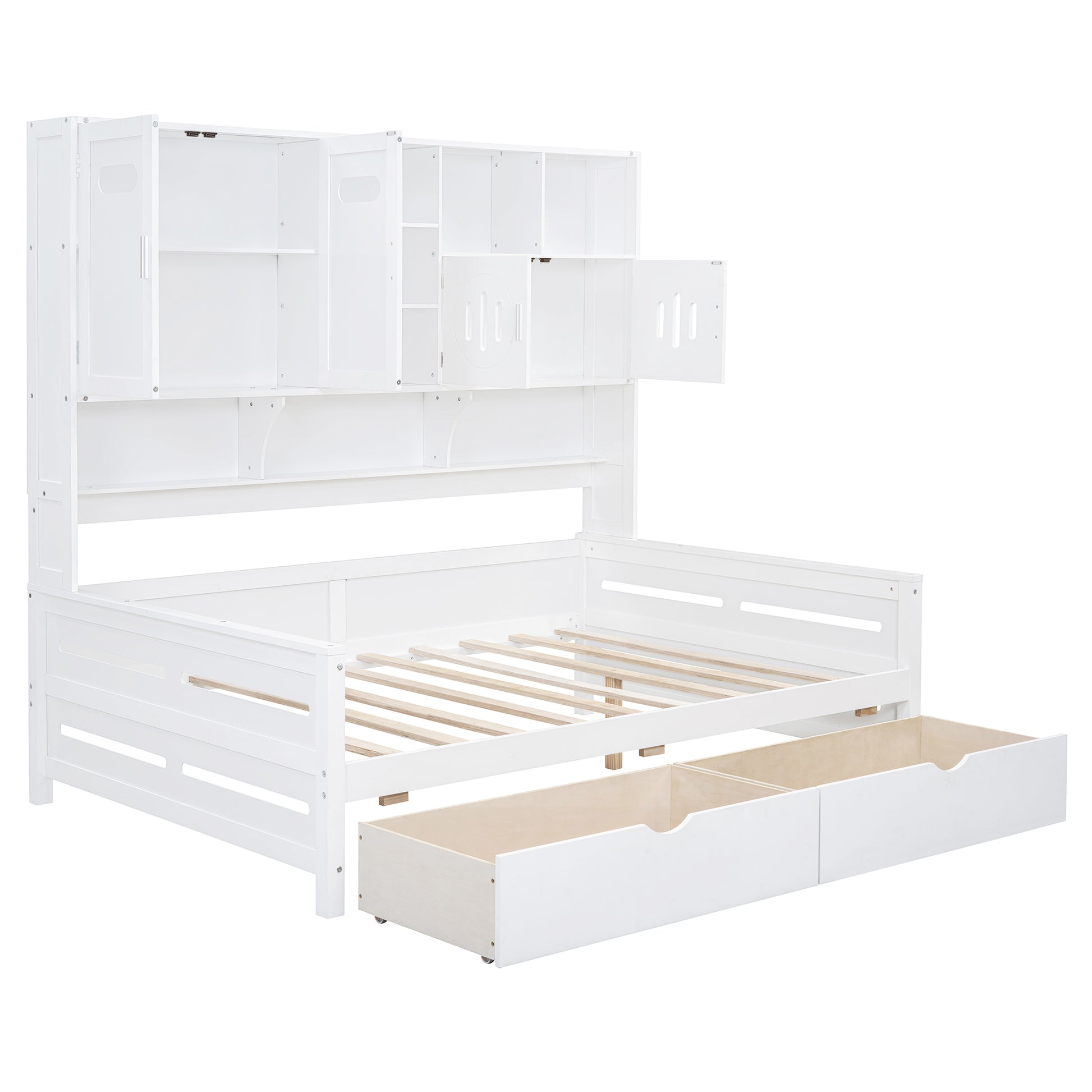 White wood daybed with storage shelves and drawers