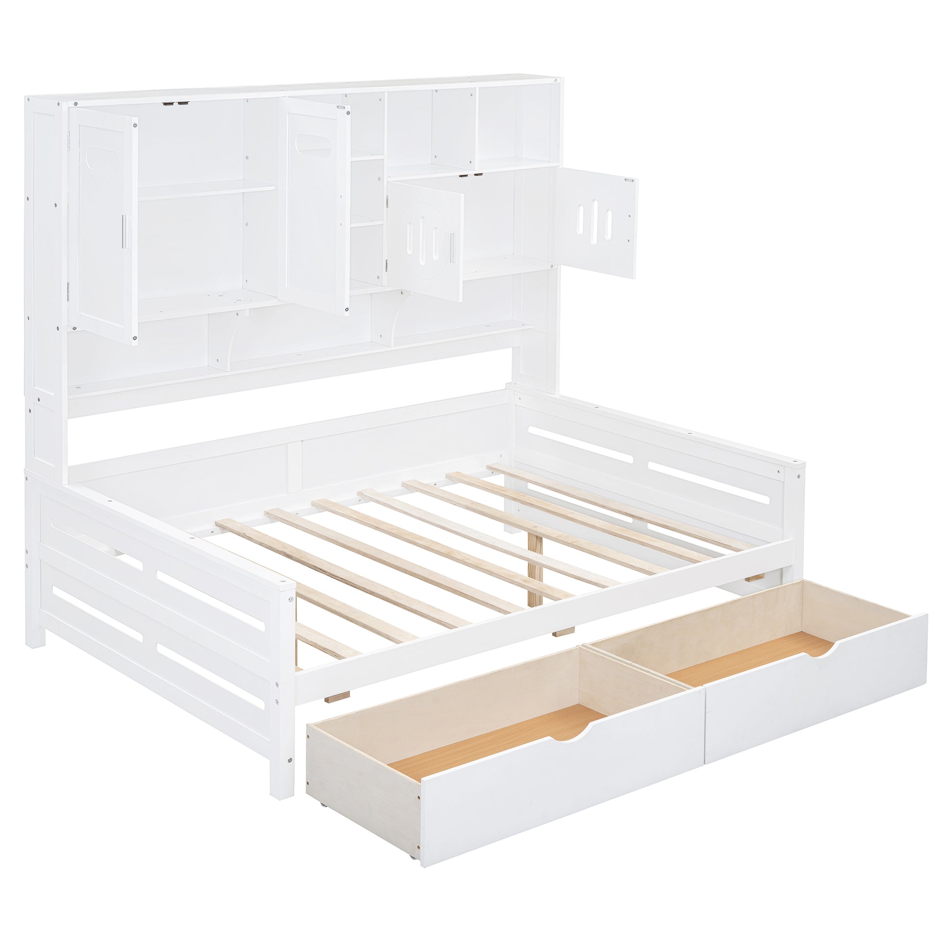 White wooden daybed with storage shelves and two pullout drawers