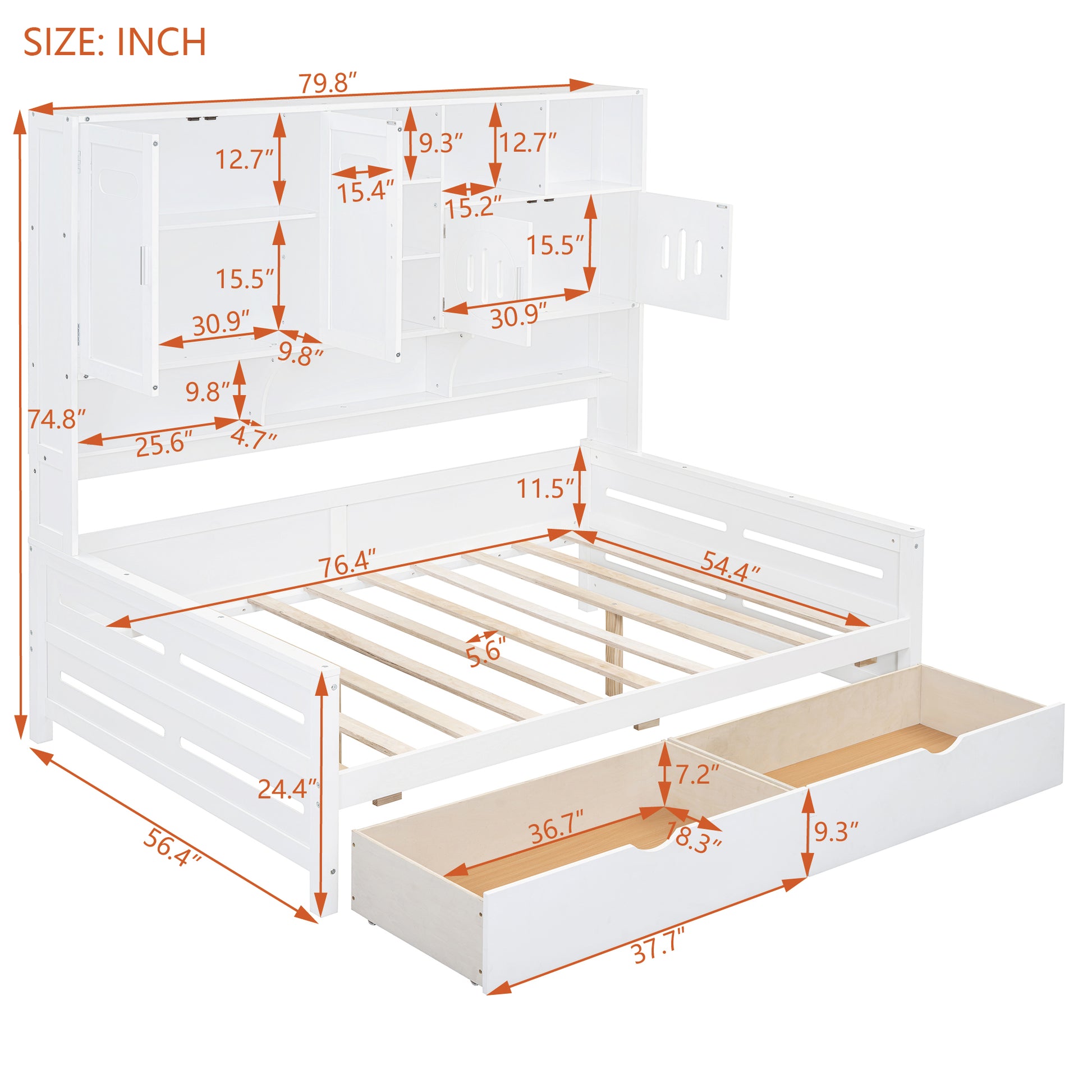 White twin bed frame with attached shelving unit and three drawers