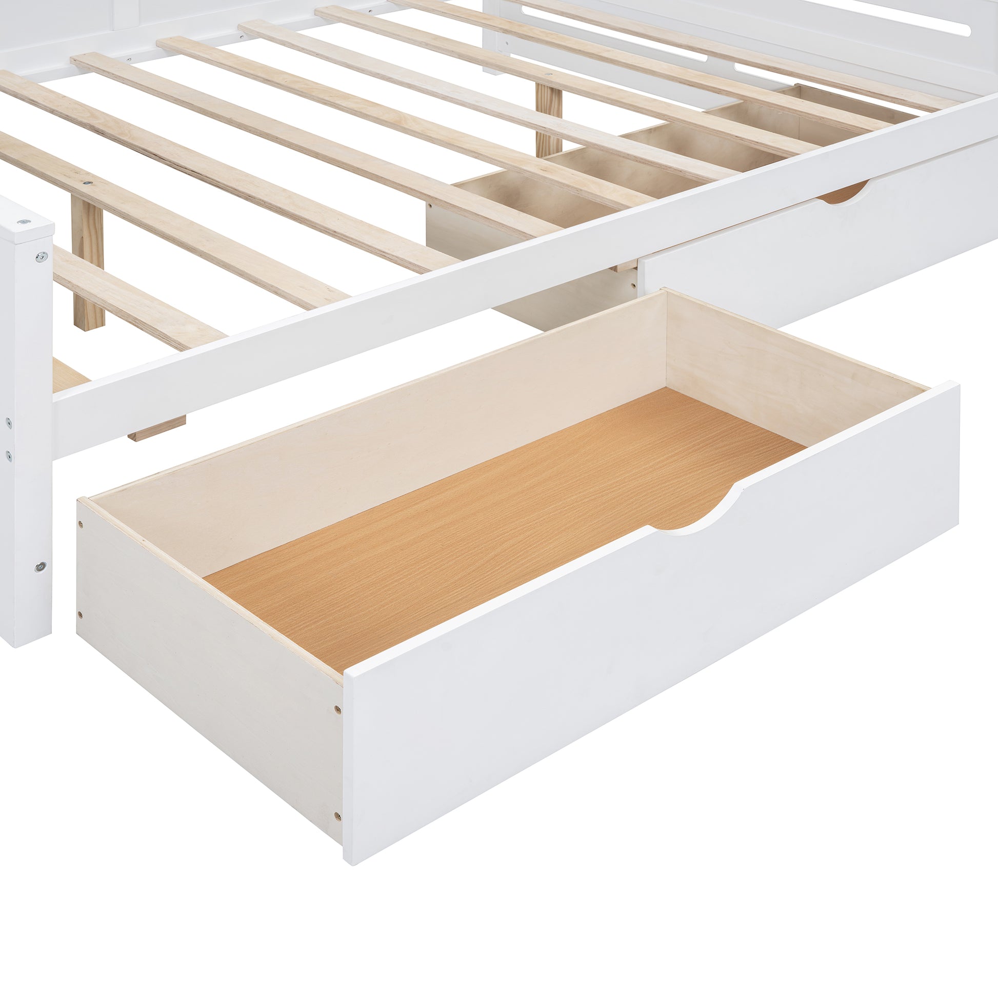 White wooden bed frame with open storage drawer