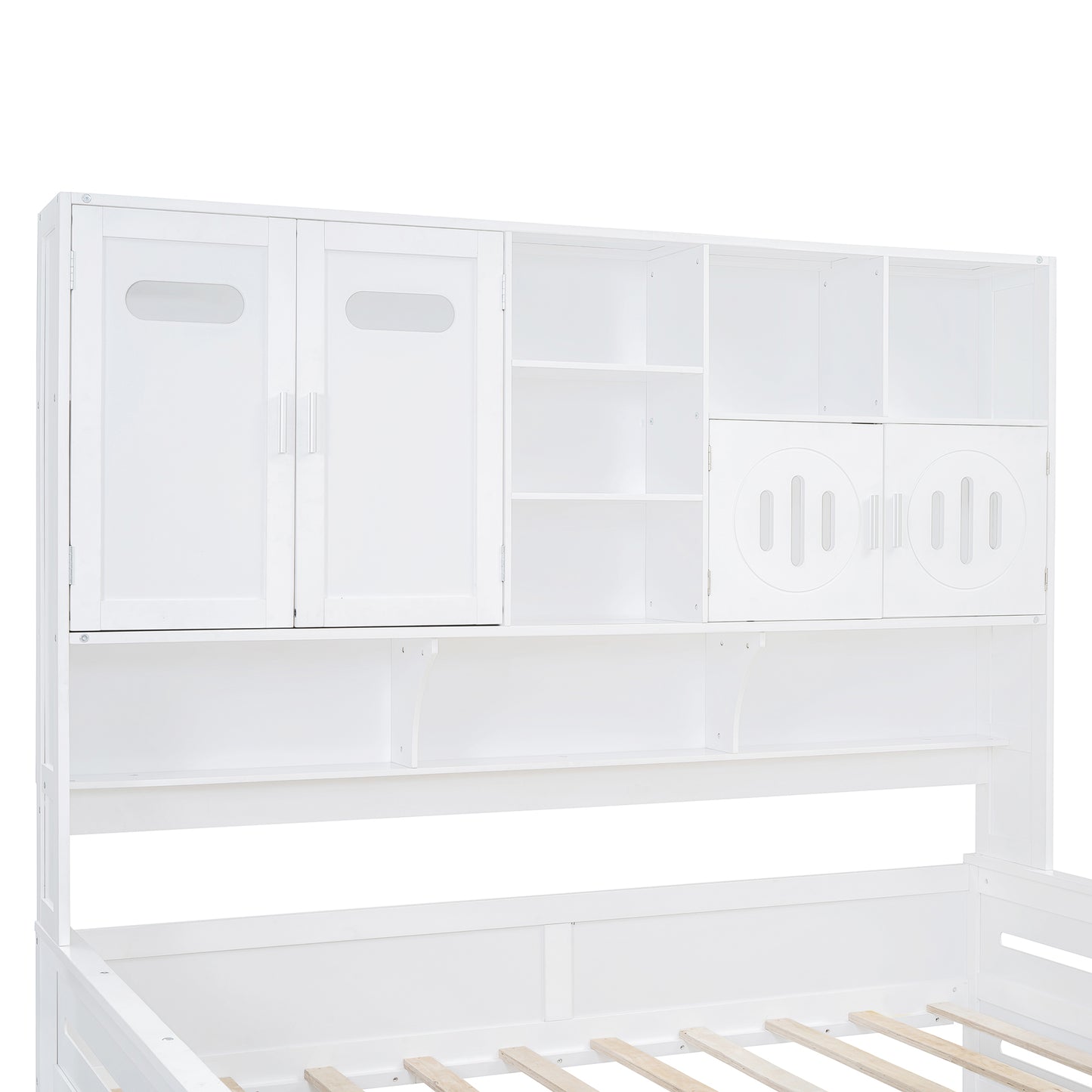 White wooden bed with builtin shelving unit and two cabinets