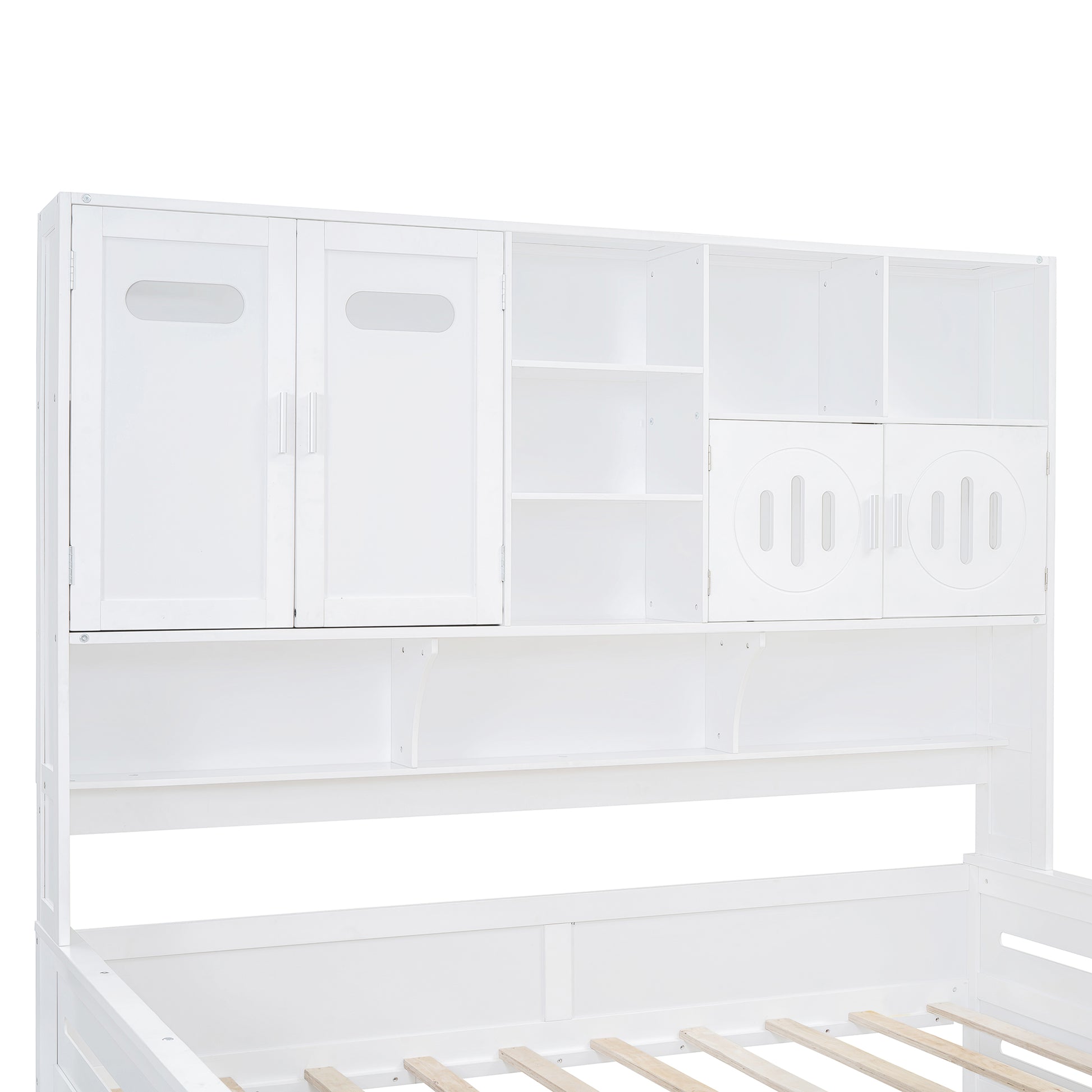 White wooden bed with builtin shelving unit and two cabinets