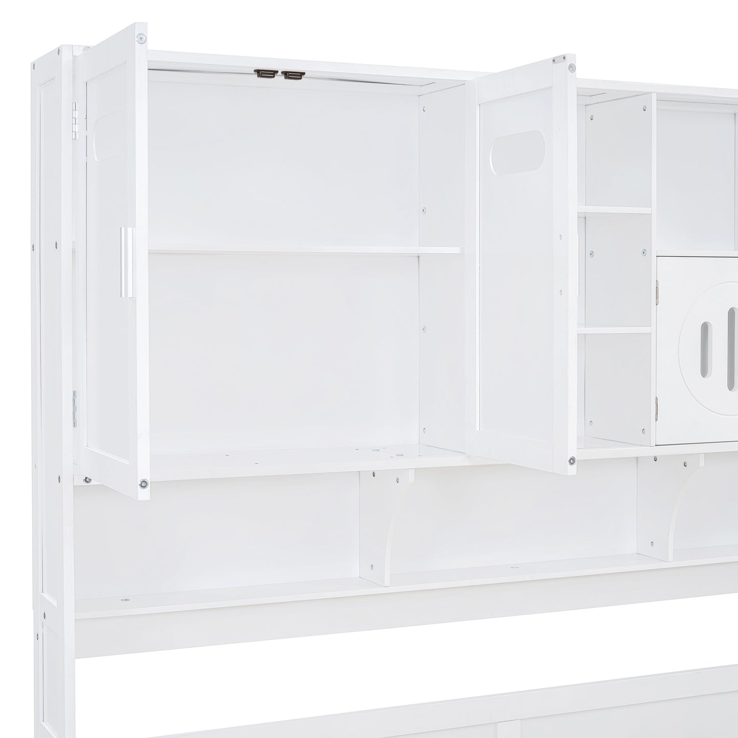 White wooden bunk bed shelf unit with open and closed compartments
