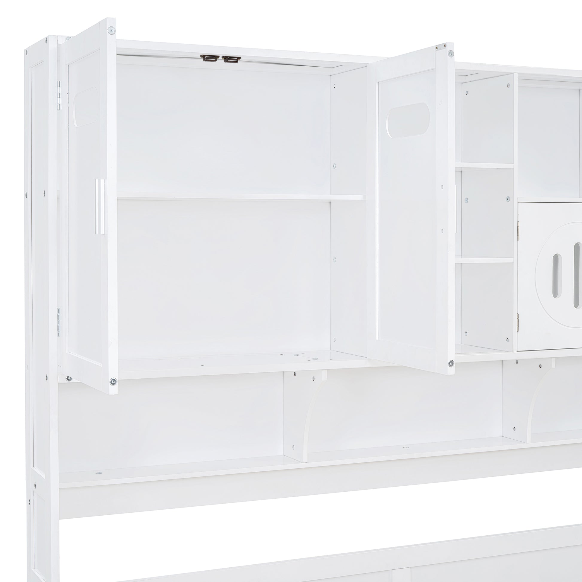 White wooden bunk bed shelf unit with open and closed compartments