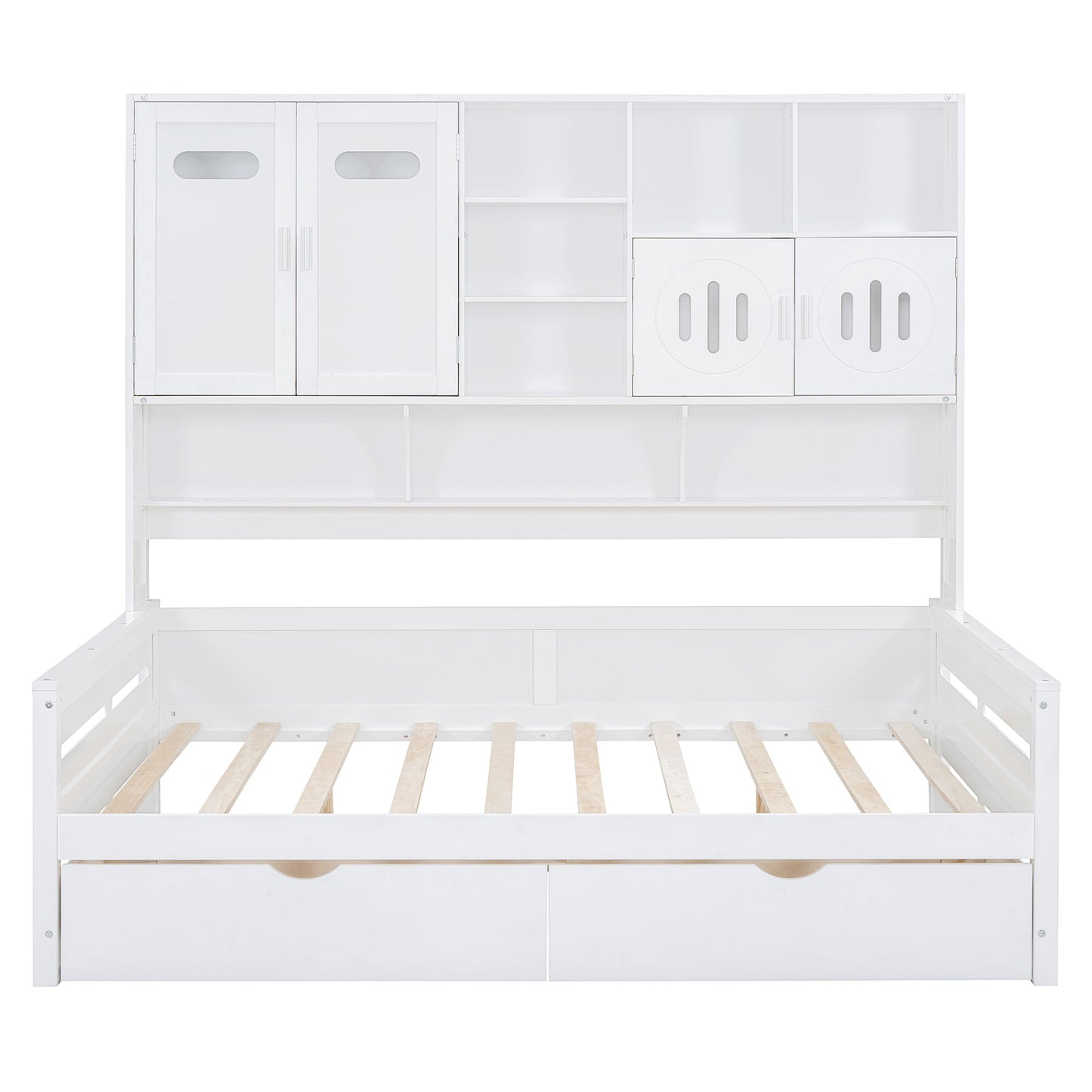 White wooden bed with storage drawers and hutch