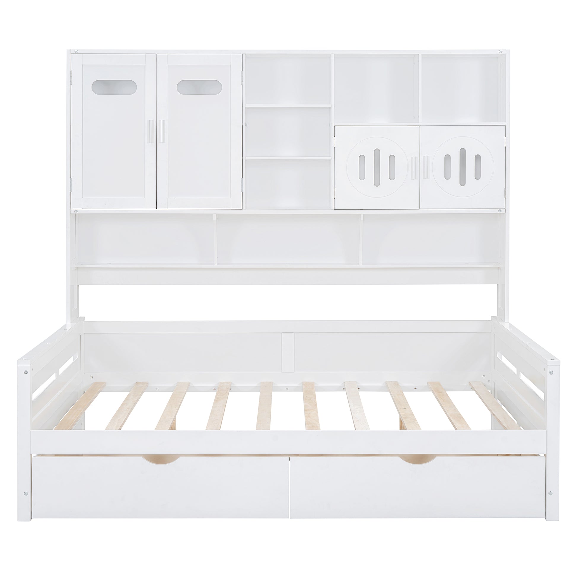 White wooden bed with storage drawers and hutch