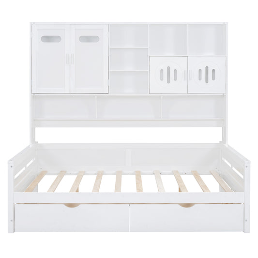 White wooden bed with storage drawers and hutch