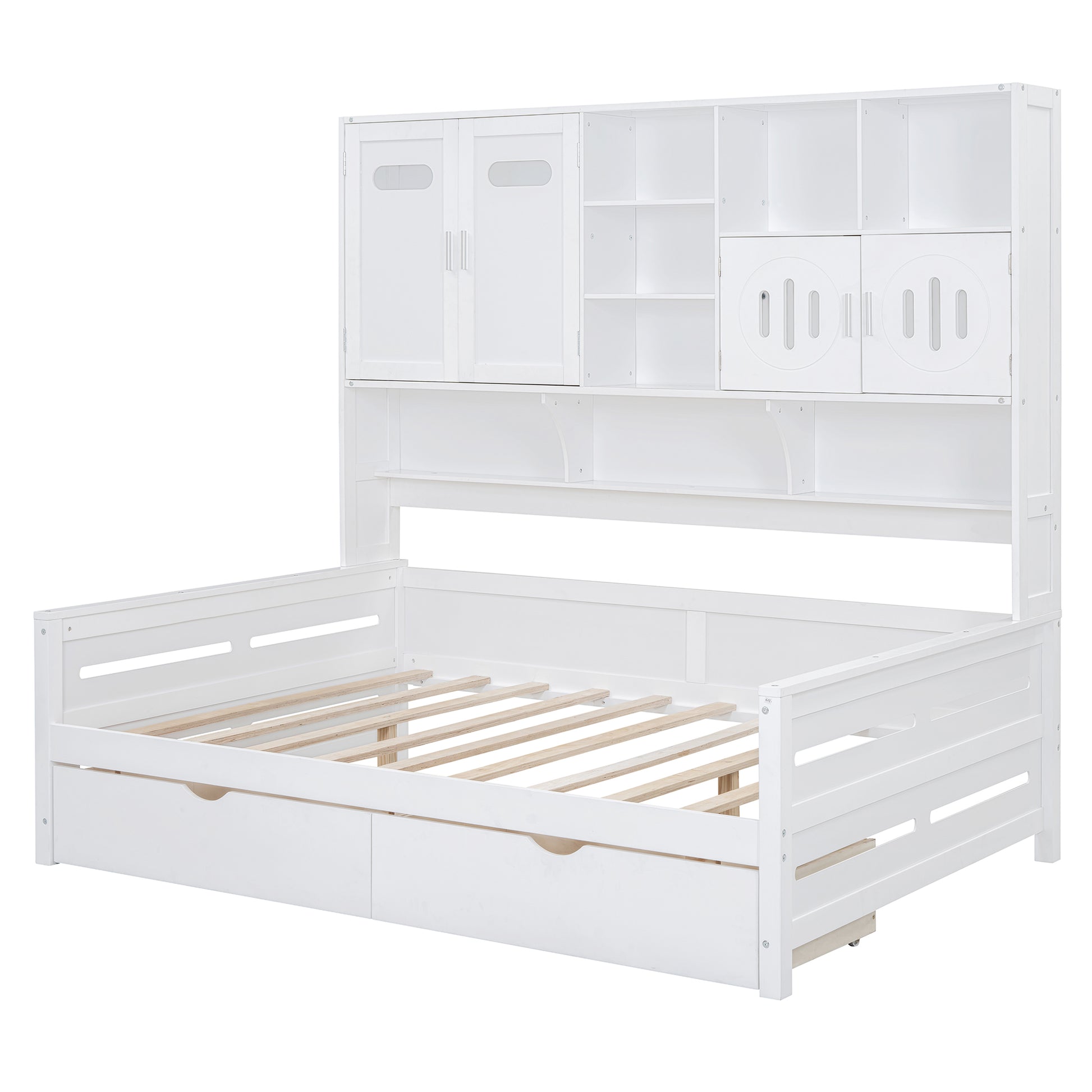 White wooden twin bed frame with a multishelf headboard and two storage drawers