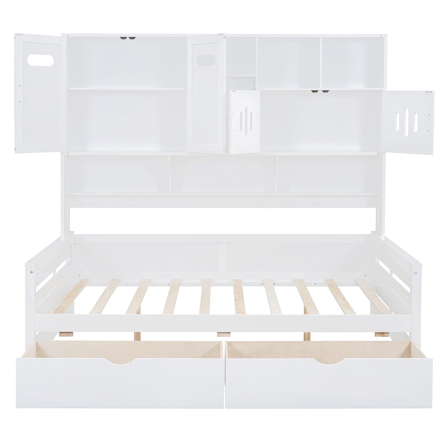 White wooden daybed with storage headboard and drawers