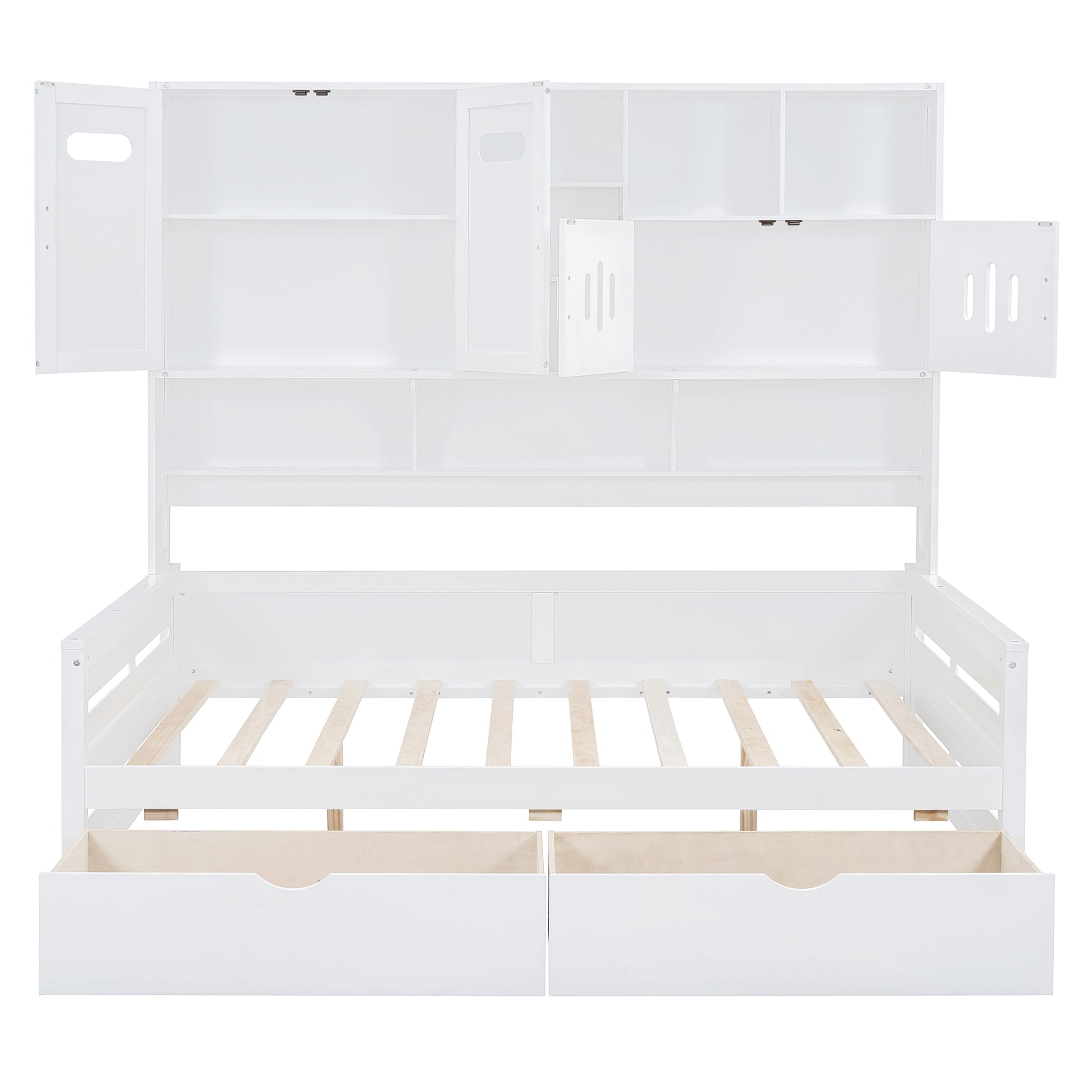 White wooden daybed with storage headboard and drawers