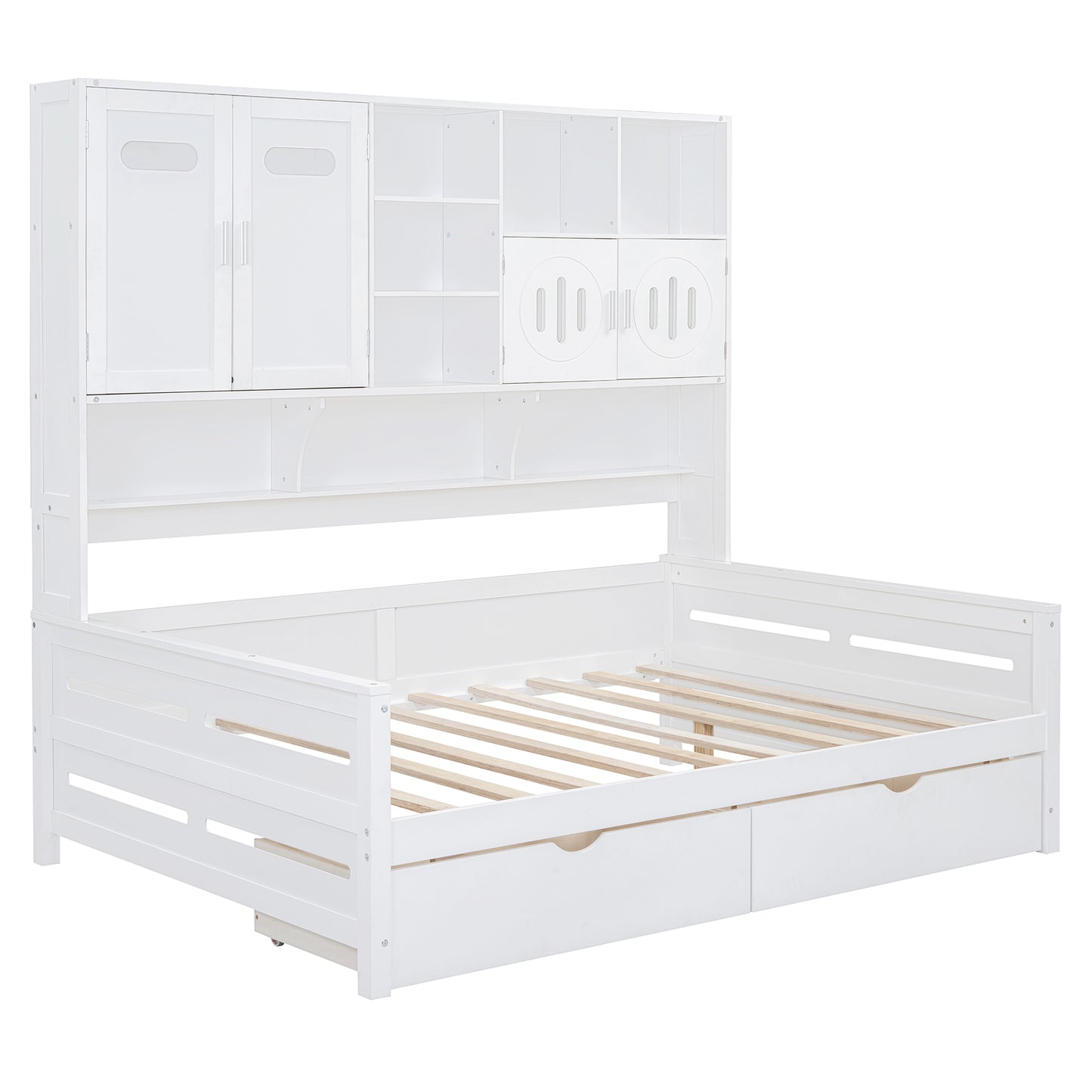 White wood captain bed with storage headboard and drawers