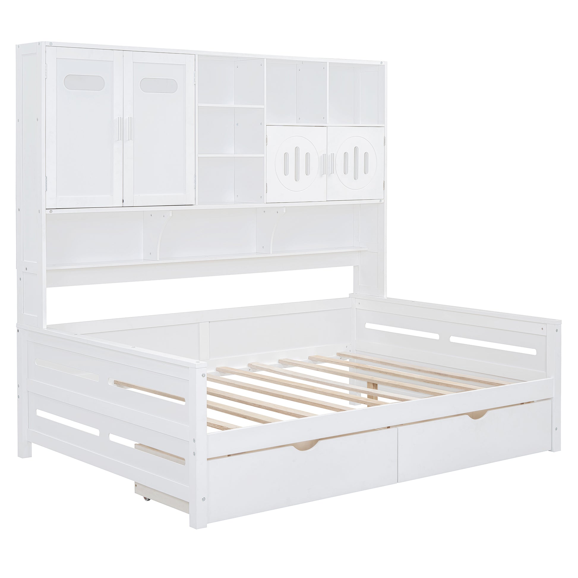 White wood captain bed with storage headboard and drawers