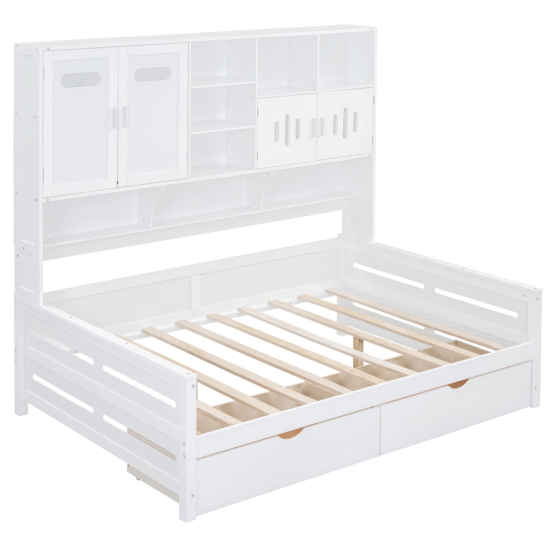 White wooden bed frame with builtin headboard storage and drawers