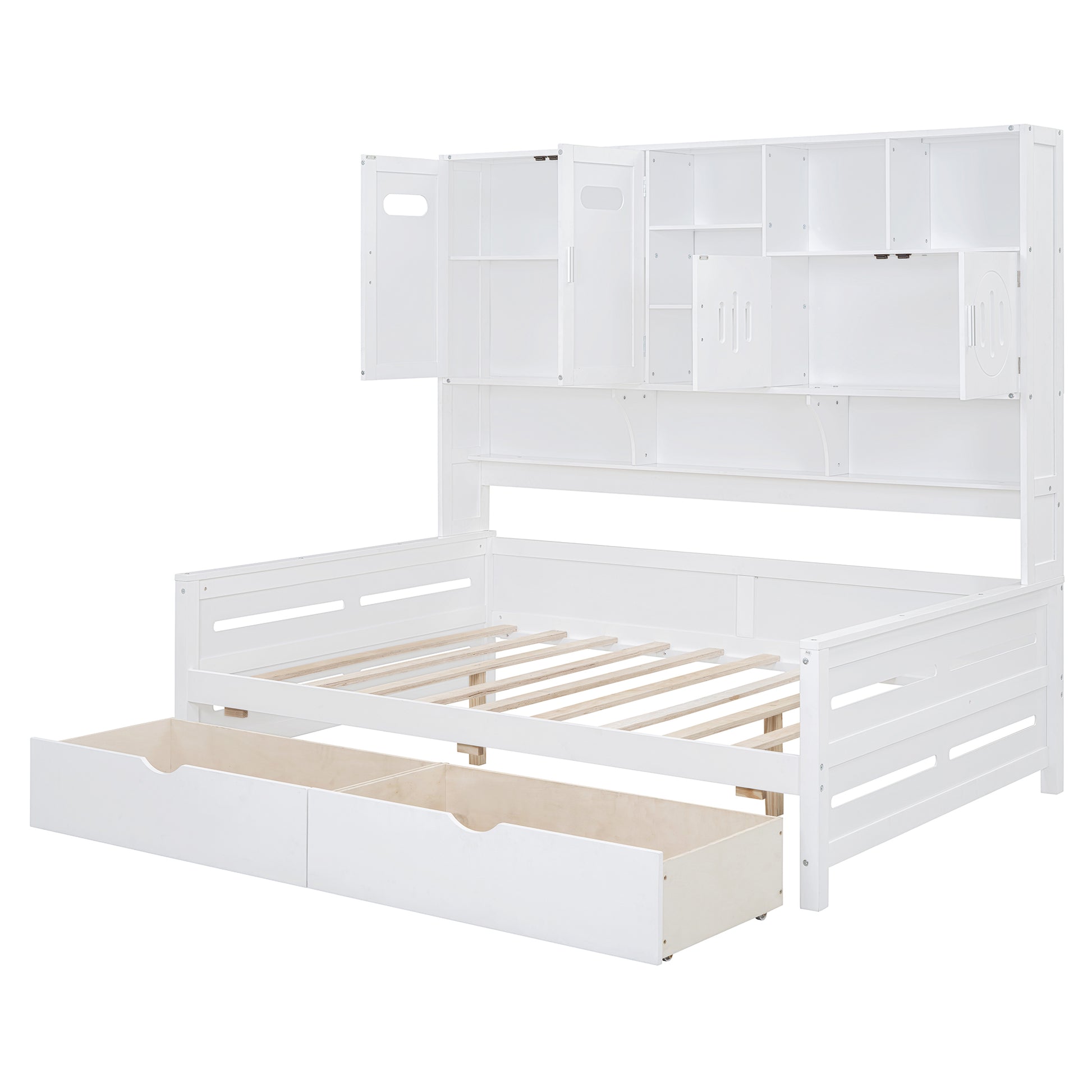 White wooden daybed with storage drawers and overhead shelving unit