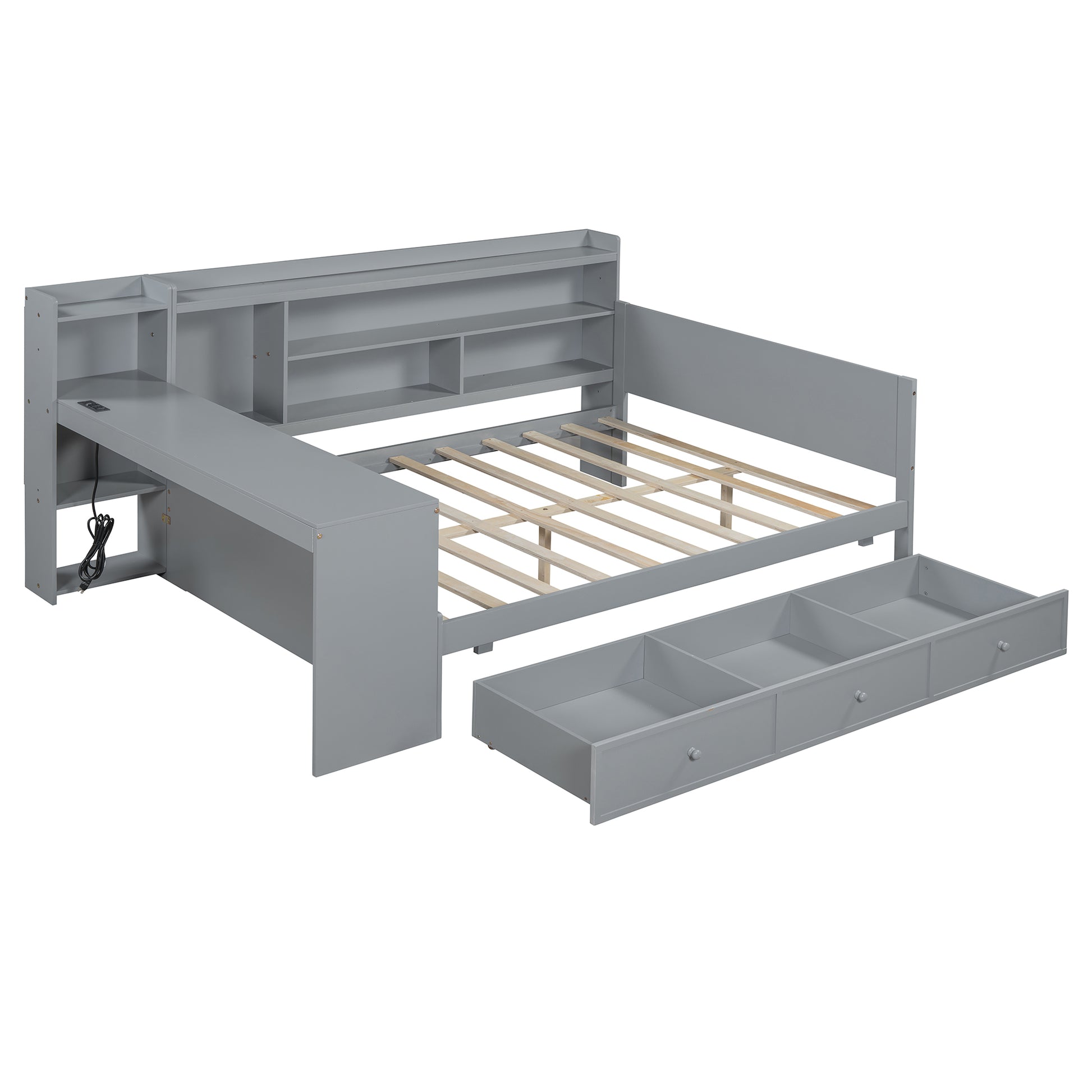 Grey wooden daybed with integrated desk and builtin shelves