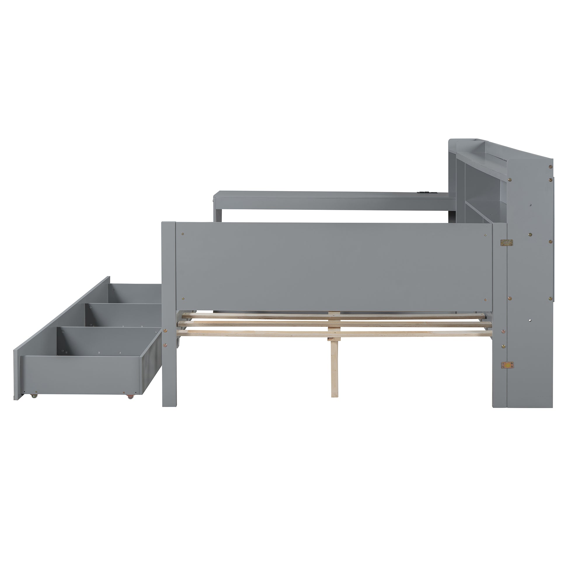 Gray wood loft bed with stairs and builtin drawers