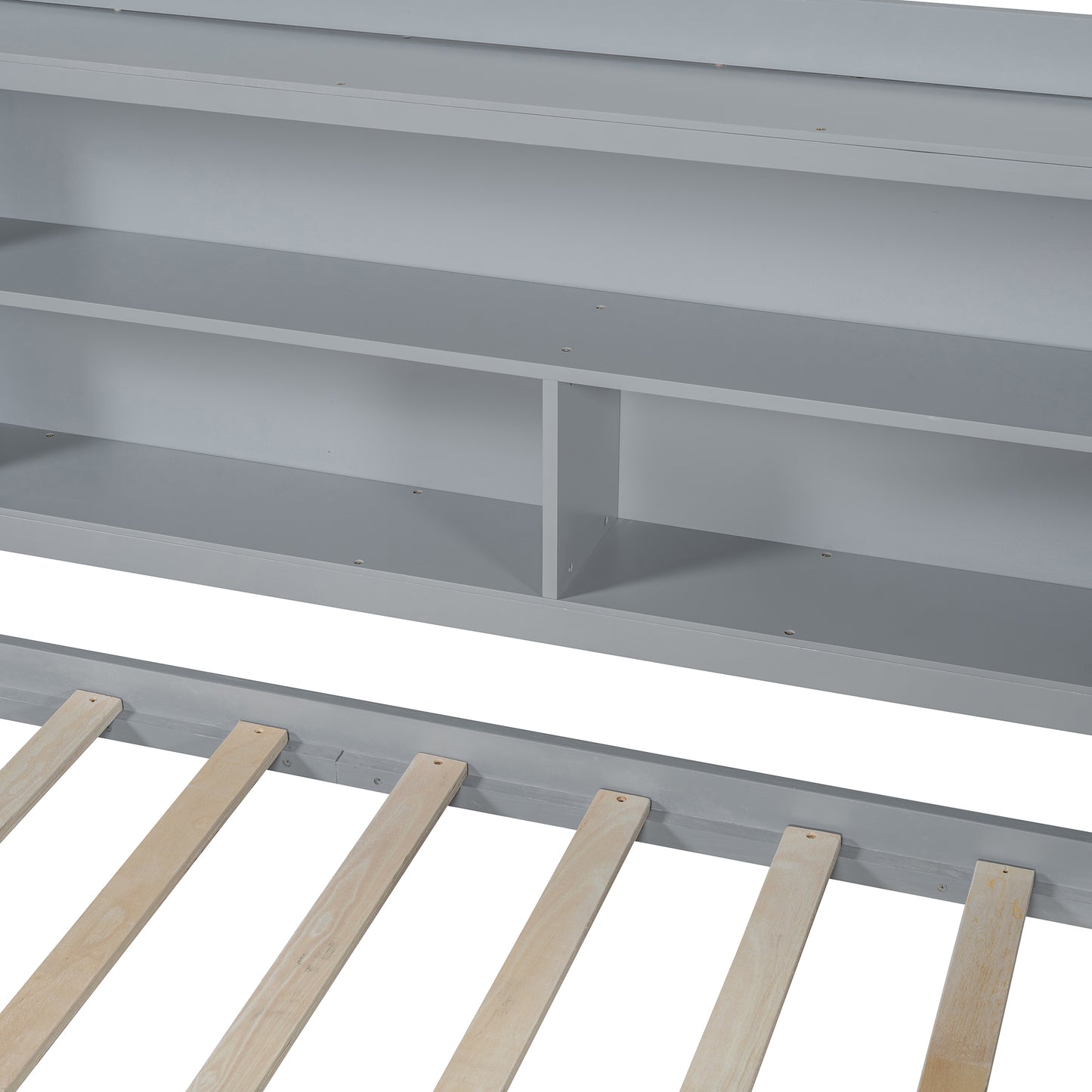 Gray wooden bed frame with integrated shelving unit and slats