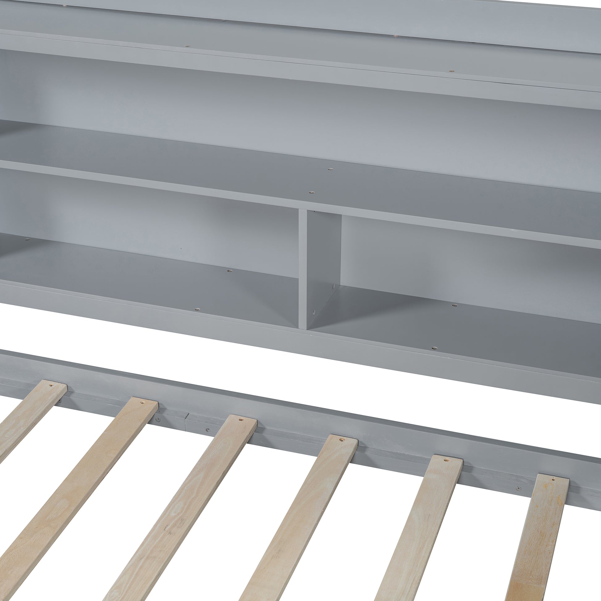 Gray wooden bed frame with integrated shelving unit and slats