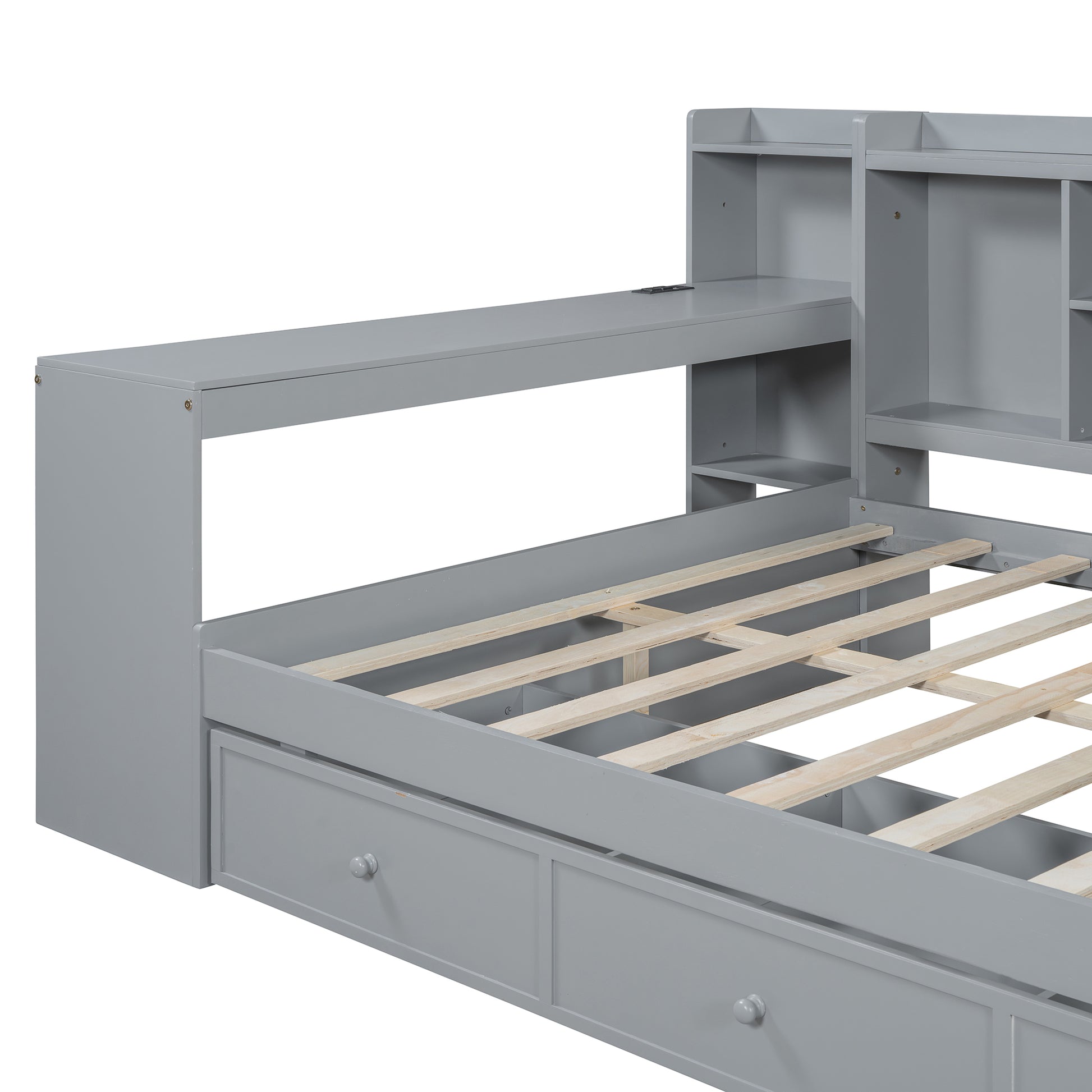 Gray twin daybed with storage drawers and builtin bookshelf headboard