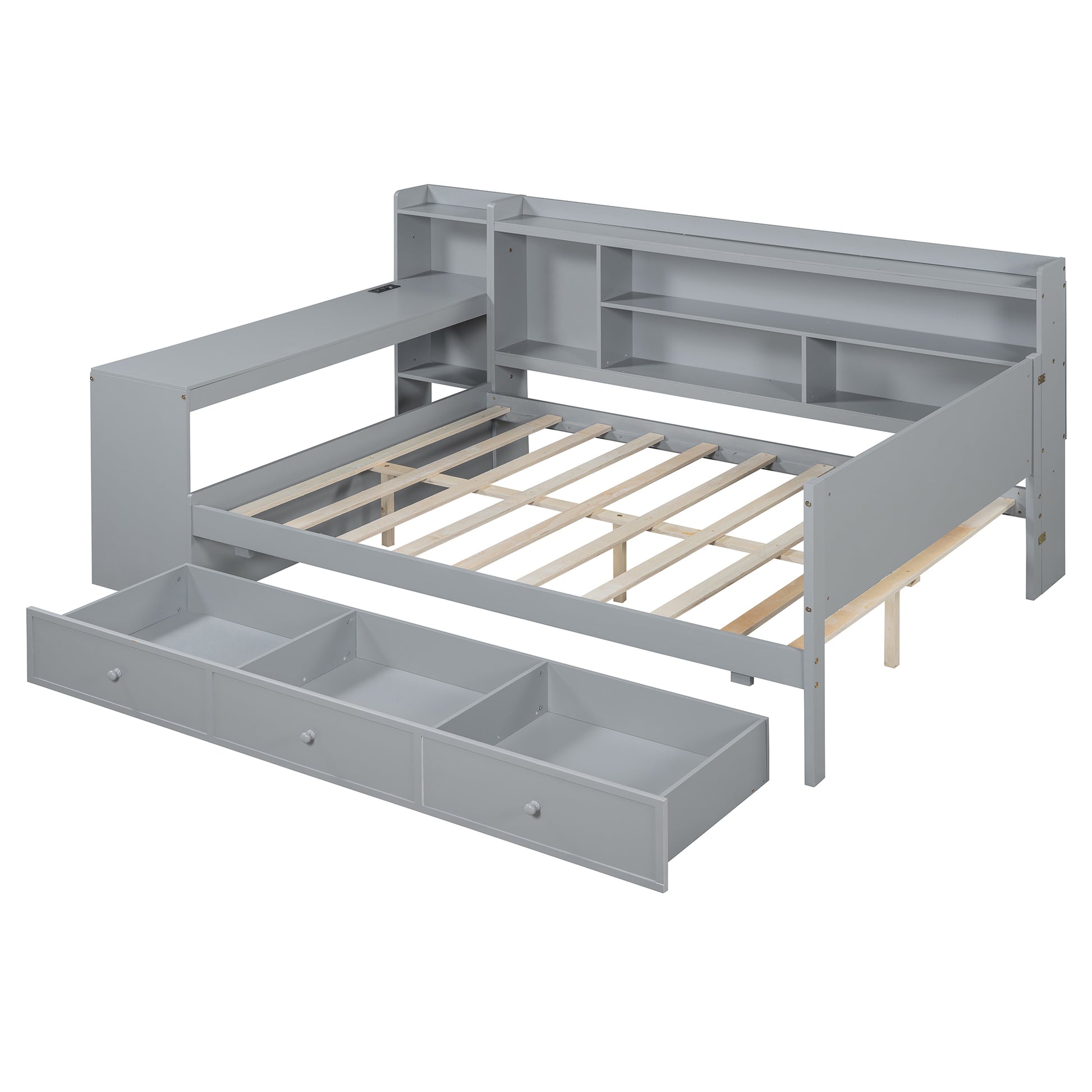 Gray wood daybed with desk and shelves