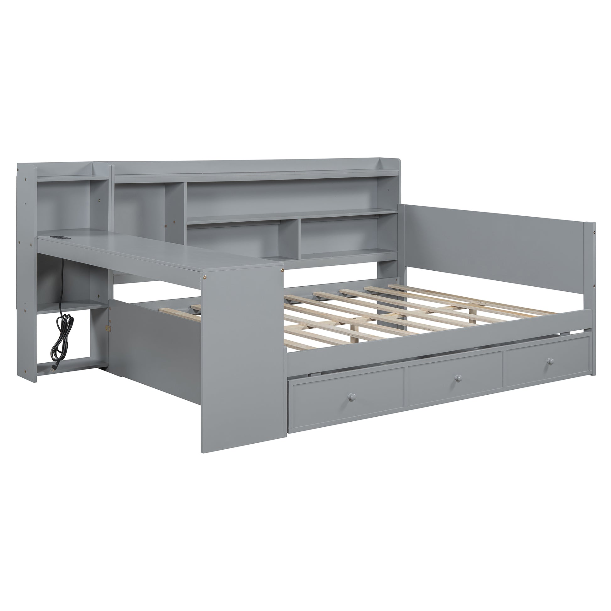 Gray wooden daybed with integrated desk and shelving