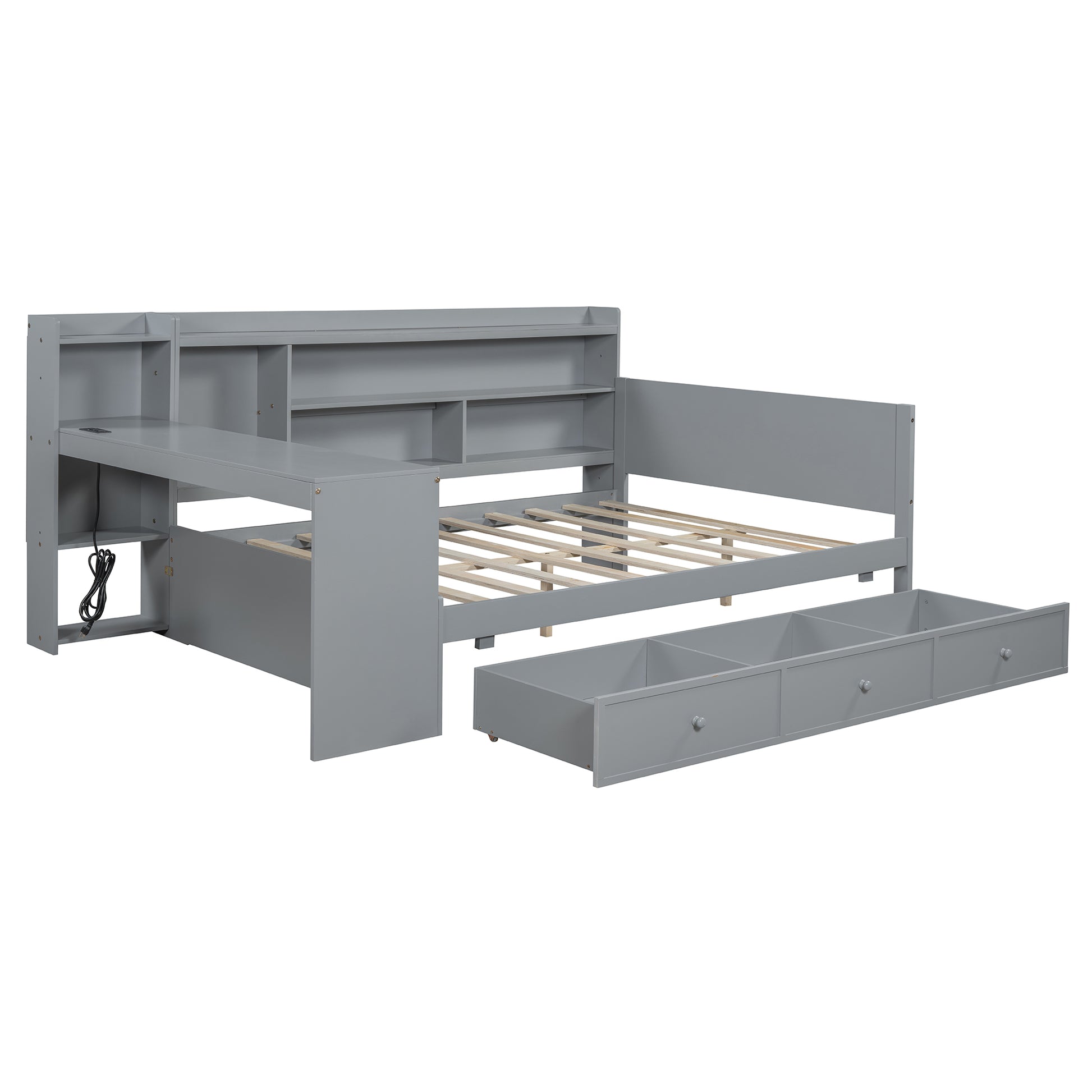 Grey upholstered daybed with attached desk and three storage drawers
