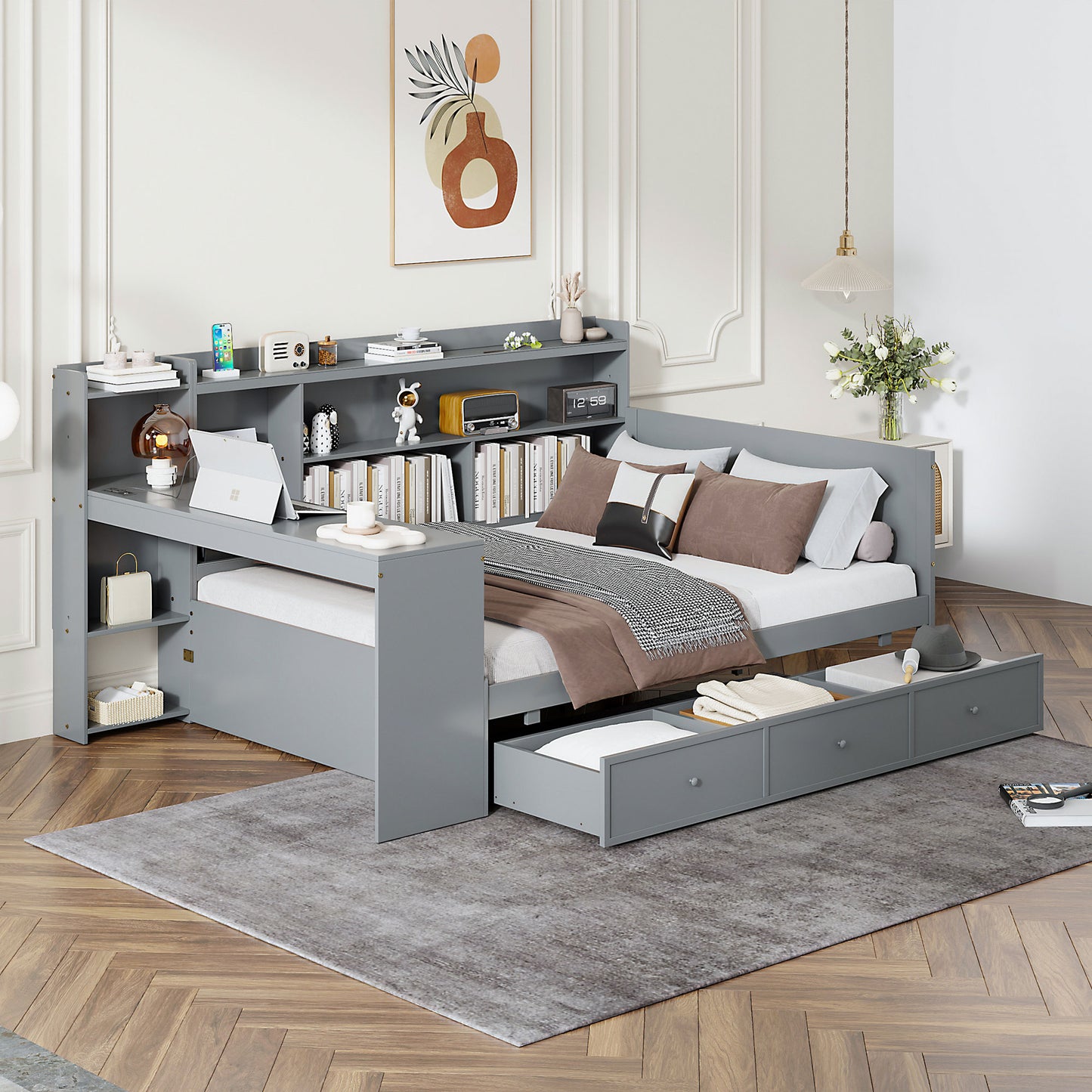Gray multifunctional daybed with desk and storage drawers