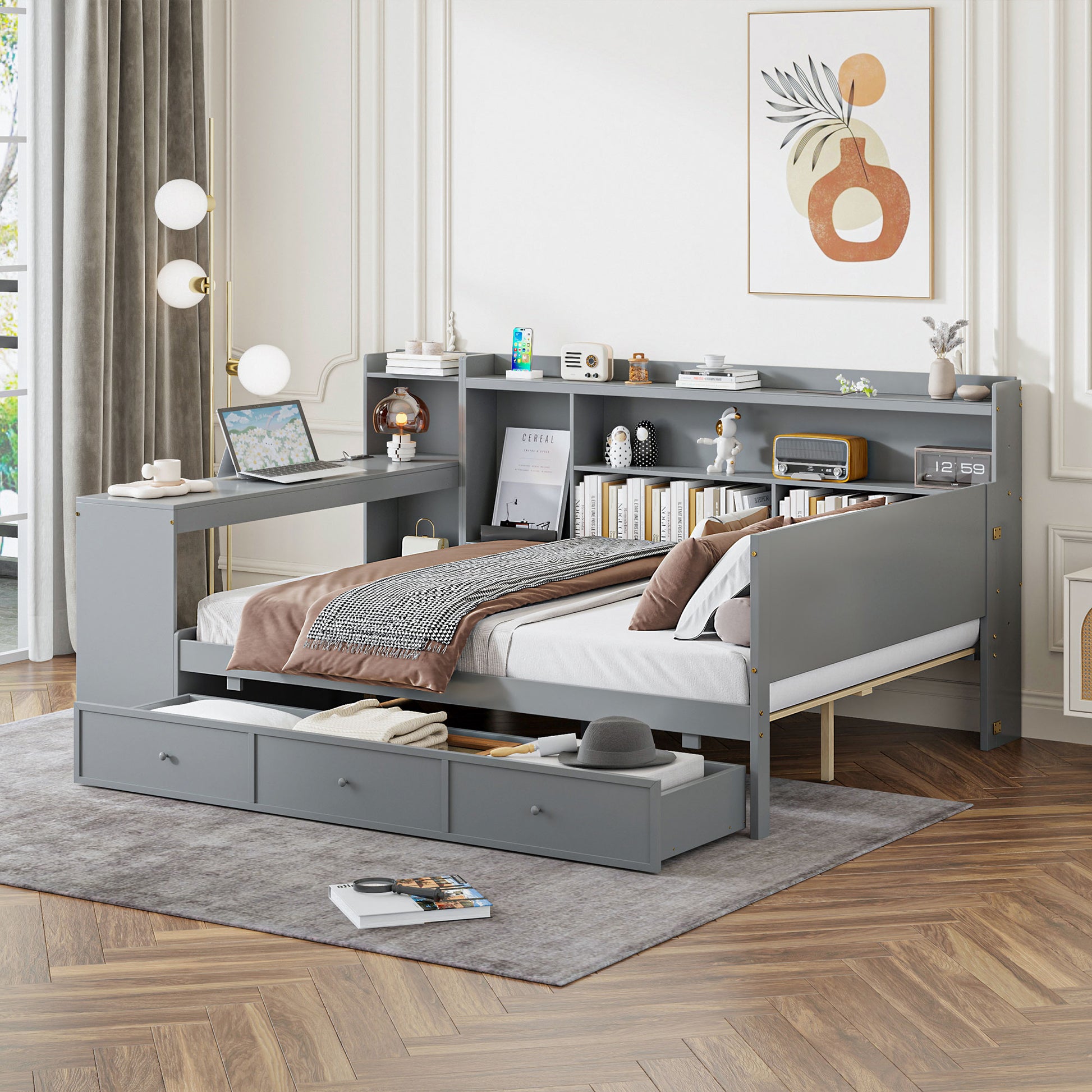 Grey twin daybed with builtin desk and storage drawers