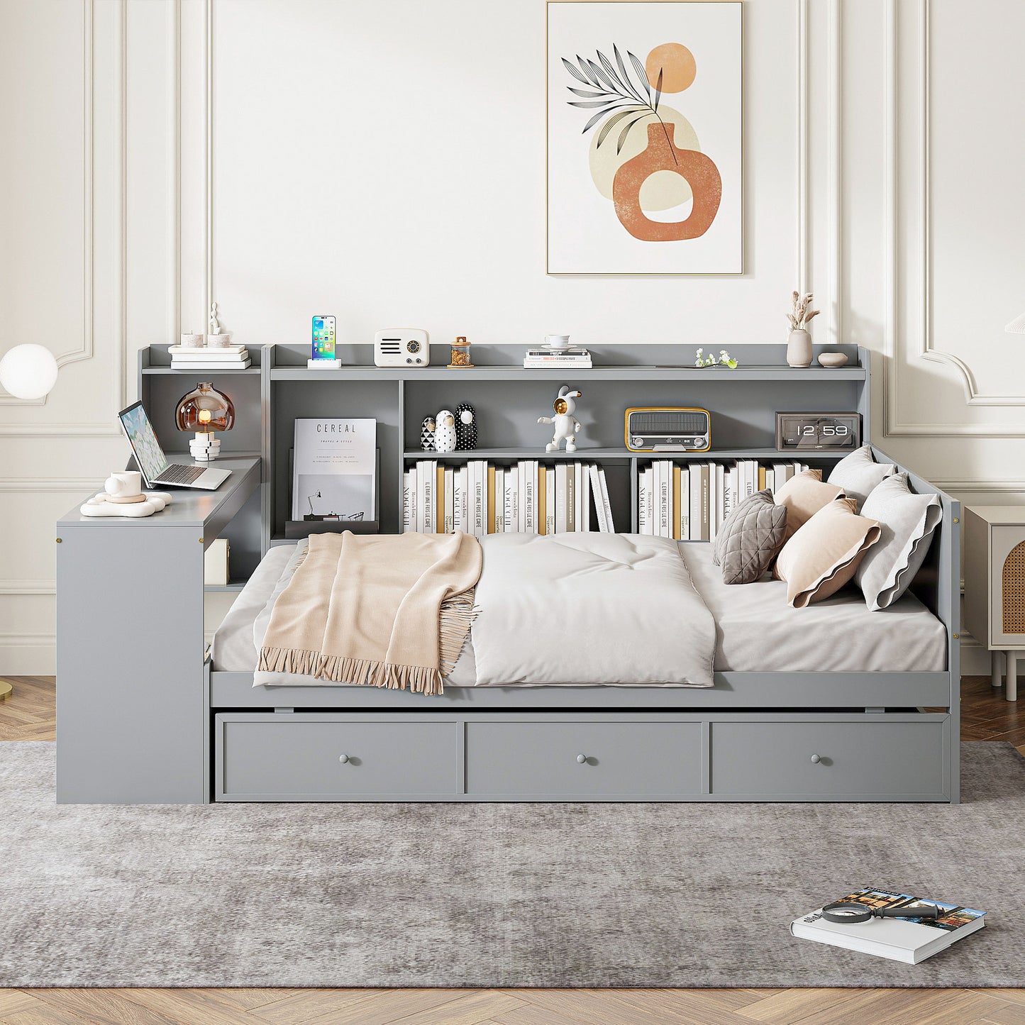 Gray daybed with builtin shelves and drawers