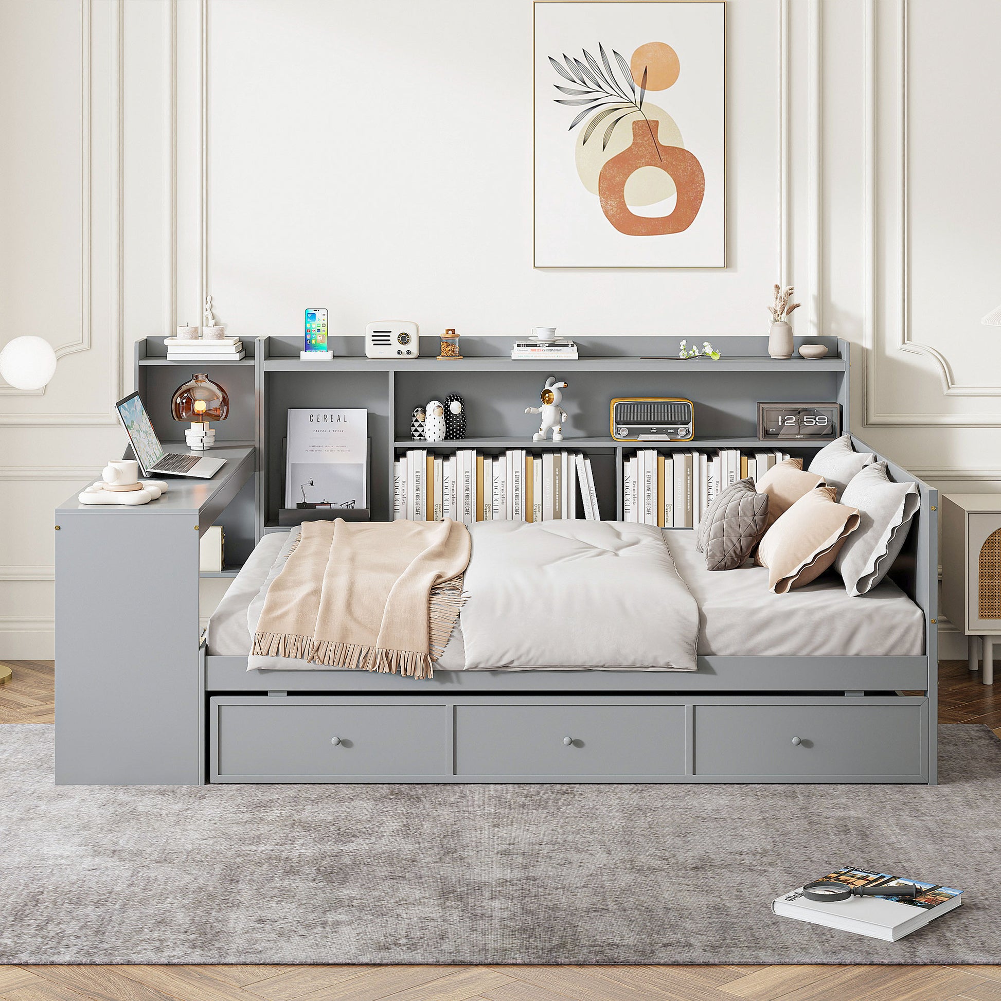 Gray daybed with builtin shelves and drawers