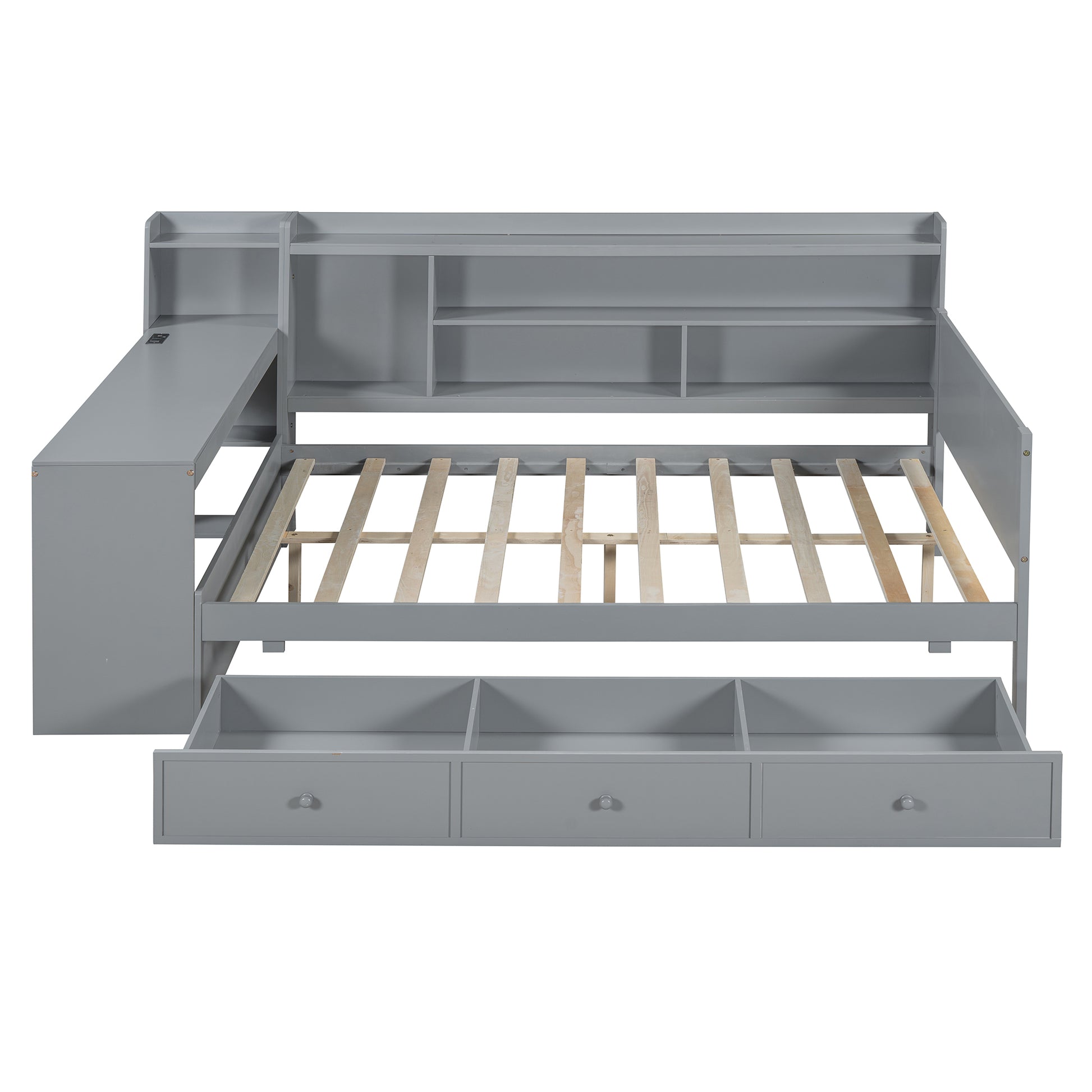 Grey twin daybed with drawers and builtin bookshelf