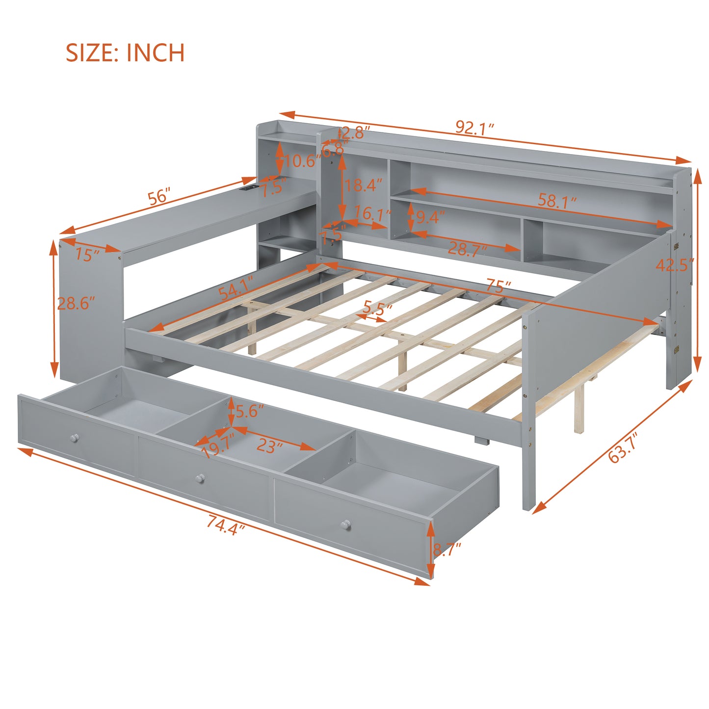 Grey twin bed frame with drawers and shelving