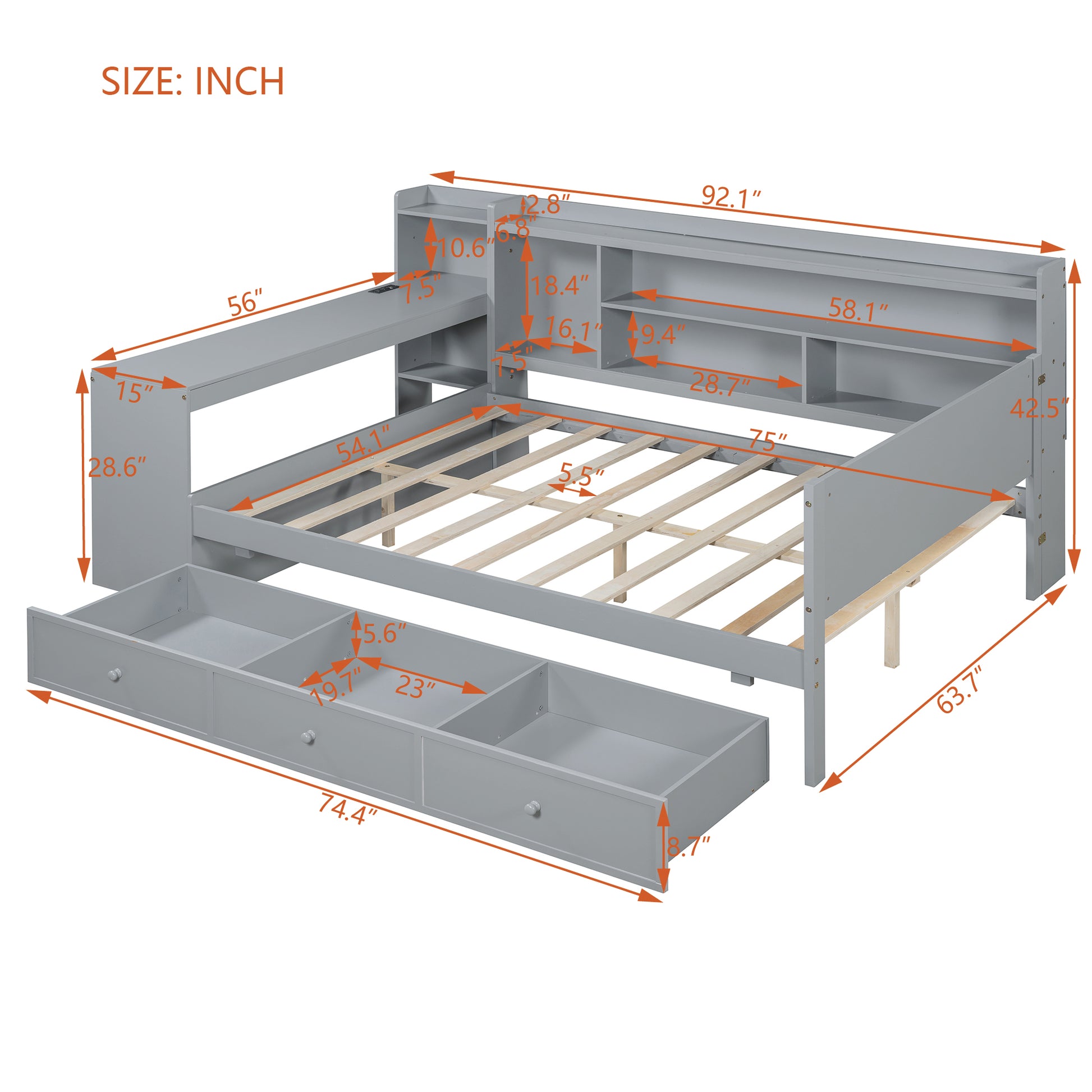 Grey twin bed frame with drawers and shelving